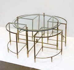 French Circular Glass and Brass Low Table with Four Wedge Nesting Under-Tables