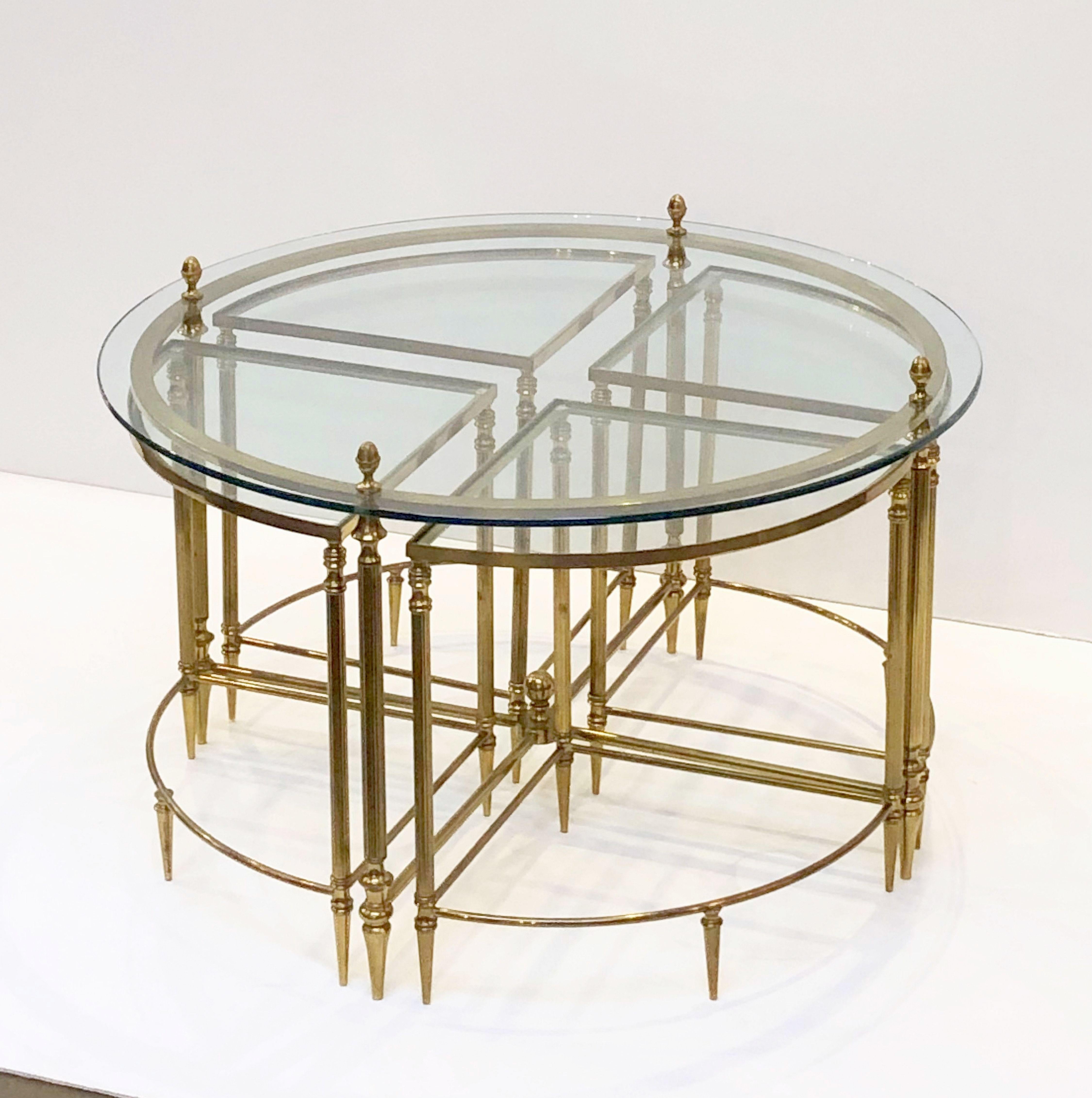 Modern French Circular Glass and Brass Low Table with Four Wedge Nesting Under-Tables