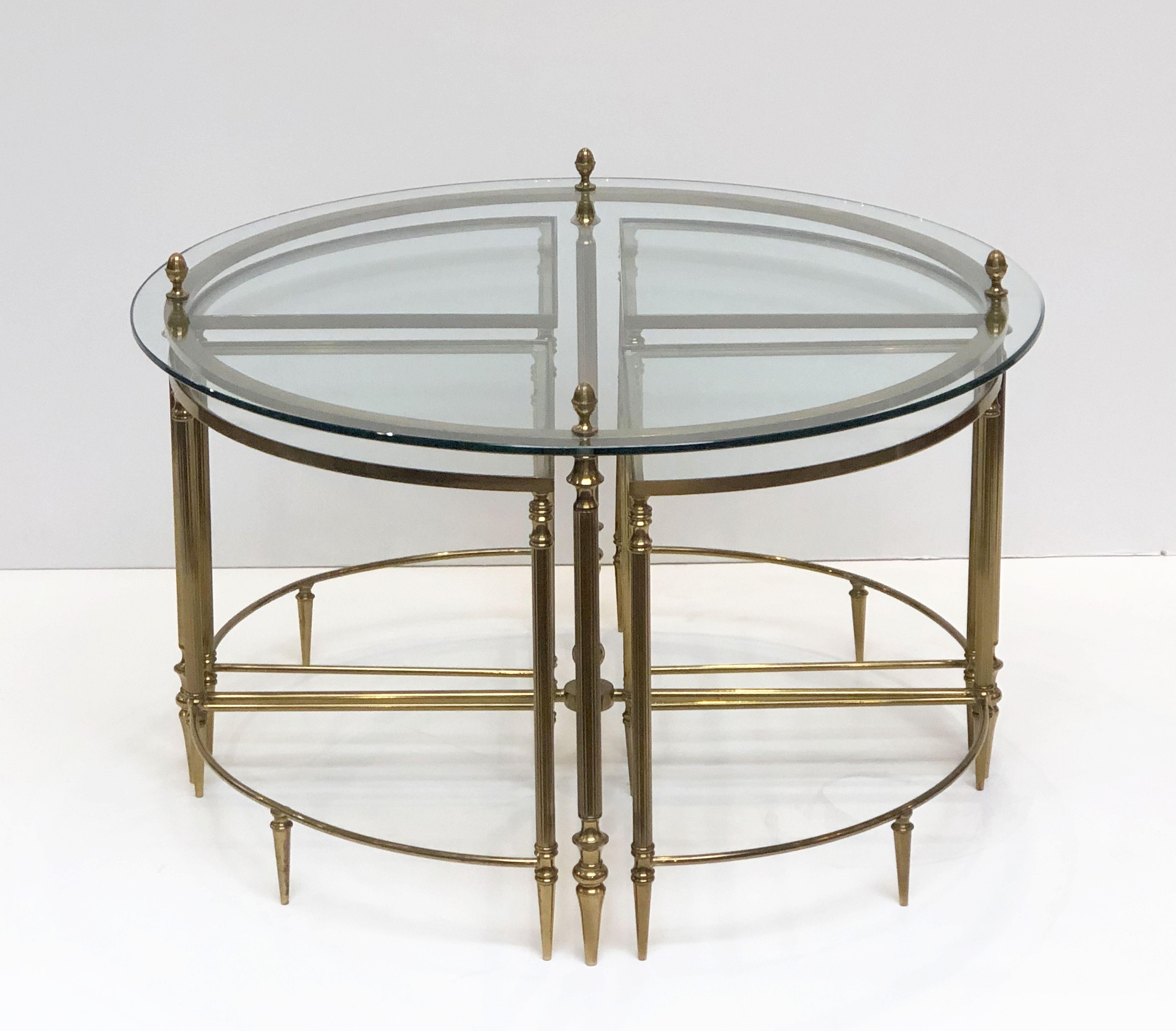20th Century French Circular Glass and Brass Low Table with Four Wedge Nesting Under-Tables