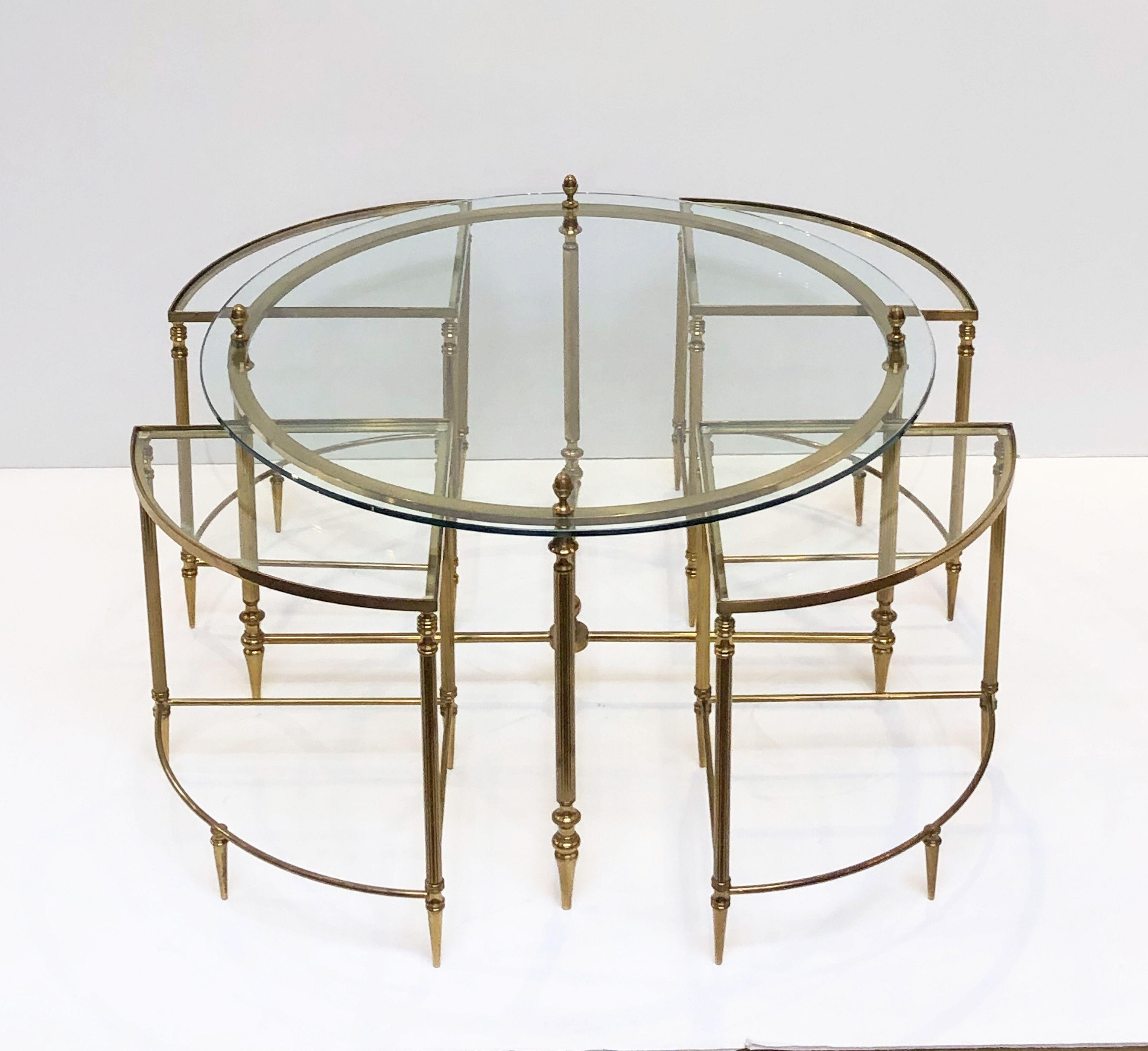 Metal French Circular Glass and Brass Low Table with Four Wedge Nesting Under-Tables