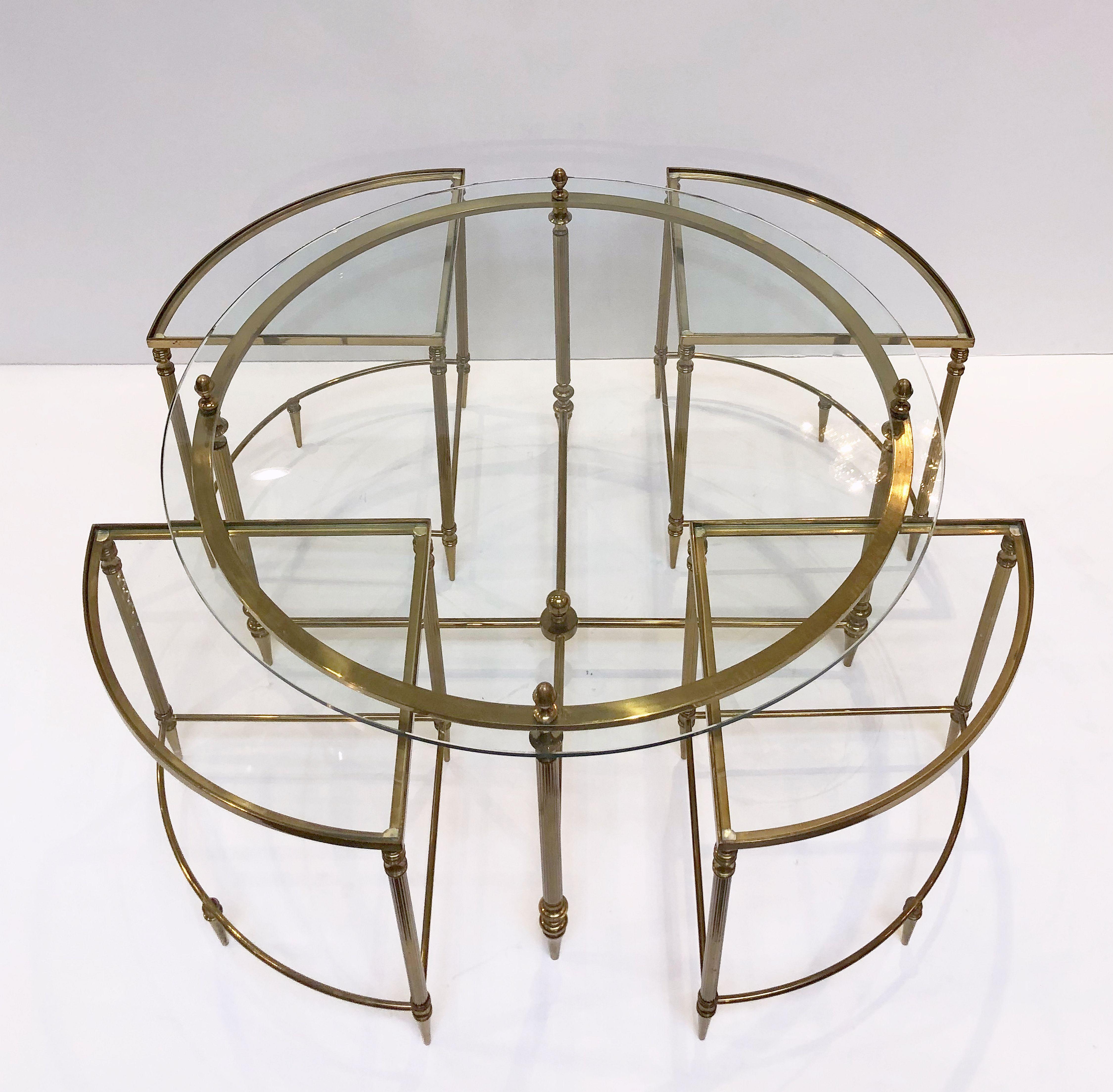 French Circular Glass and Brass Low Table with Four Wedge Nesting Under-Tables 1