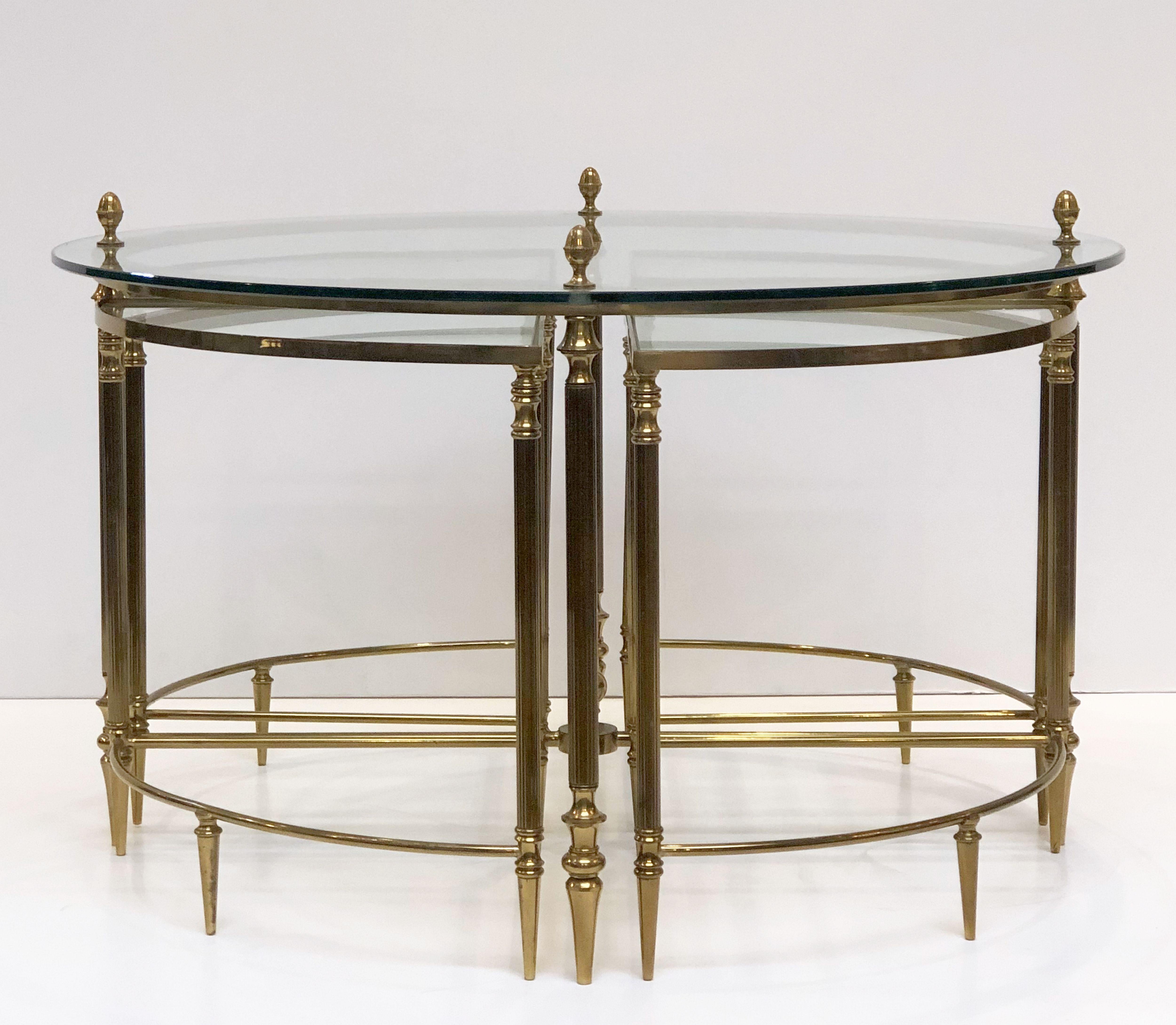 French Circular Glass and Brass Low Table with Four Wedge Nesting Under-Tables 2