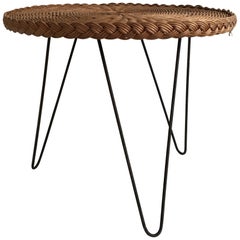 French Circular Wicker Breakfast / Side Table with Hairpin Legs, circa 1950