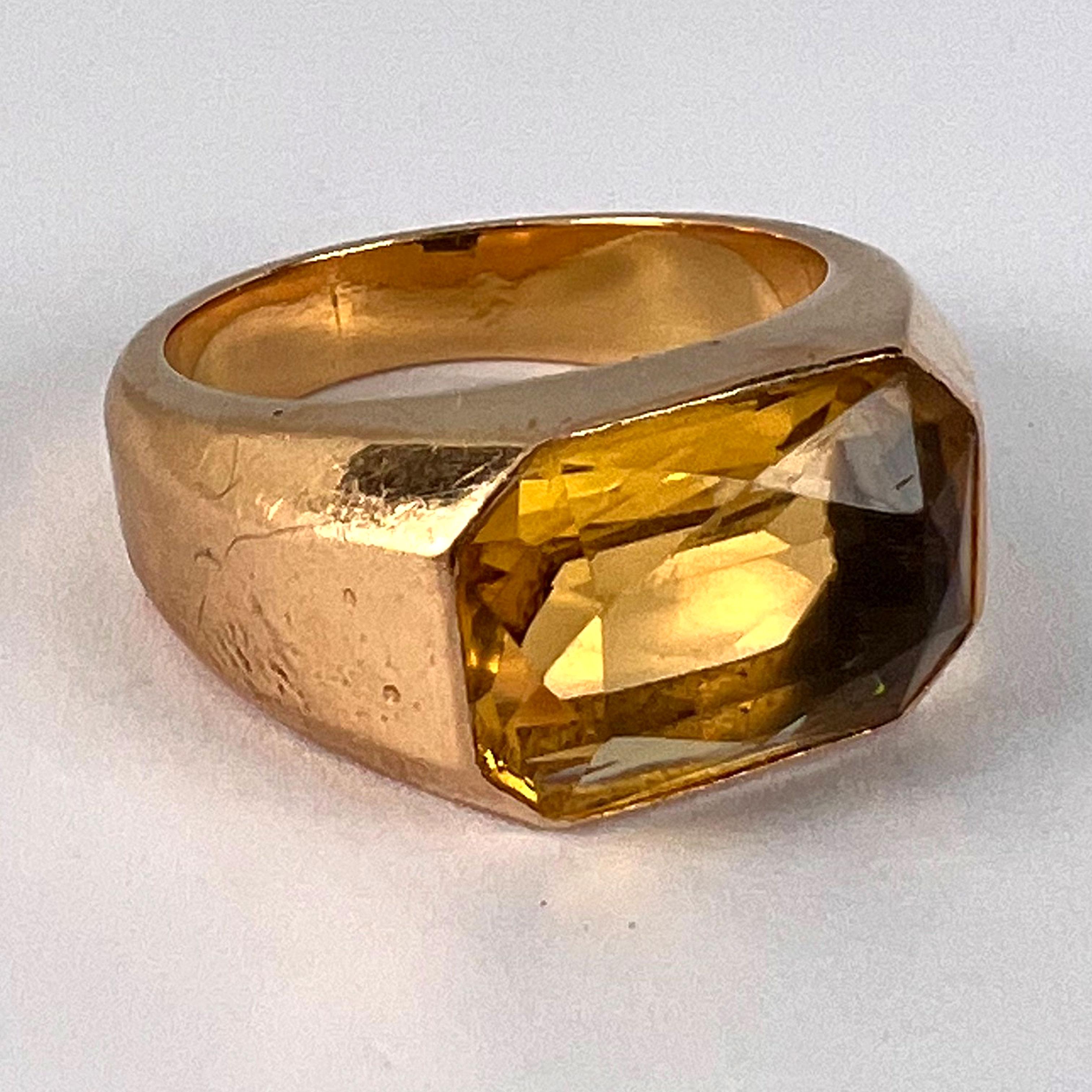 Emerald Cut French Citrine 18 Karat Yellow Gold Tank Ring For Sale