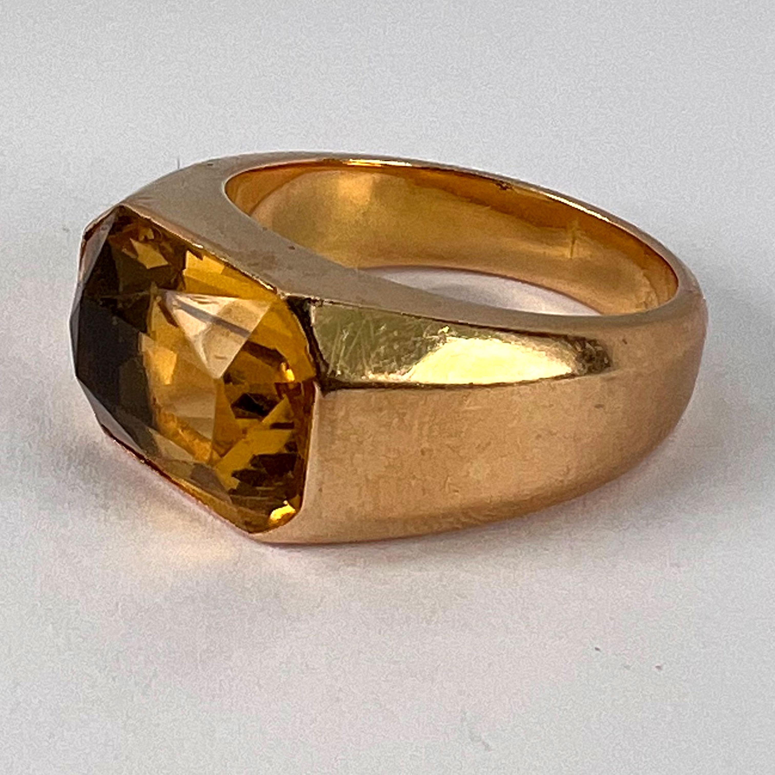 Women's or Men's French Citrine 18 Karat Yellow Gold Tank Ring For Sale