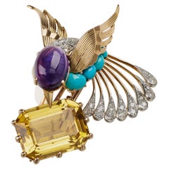 French Citrine and Amethyst Exotic Bird Clip Brooch