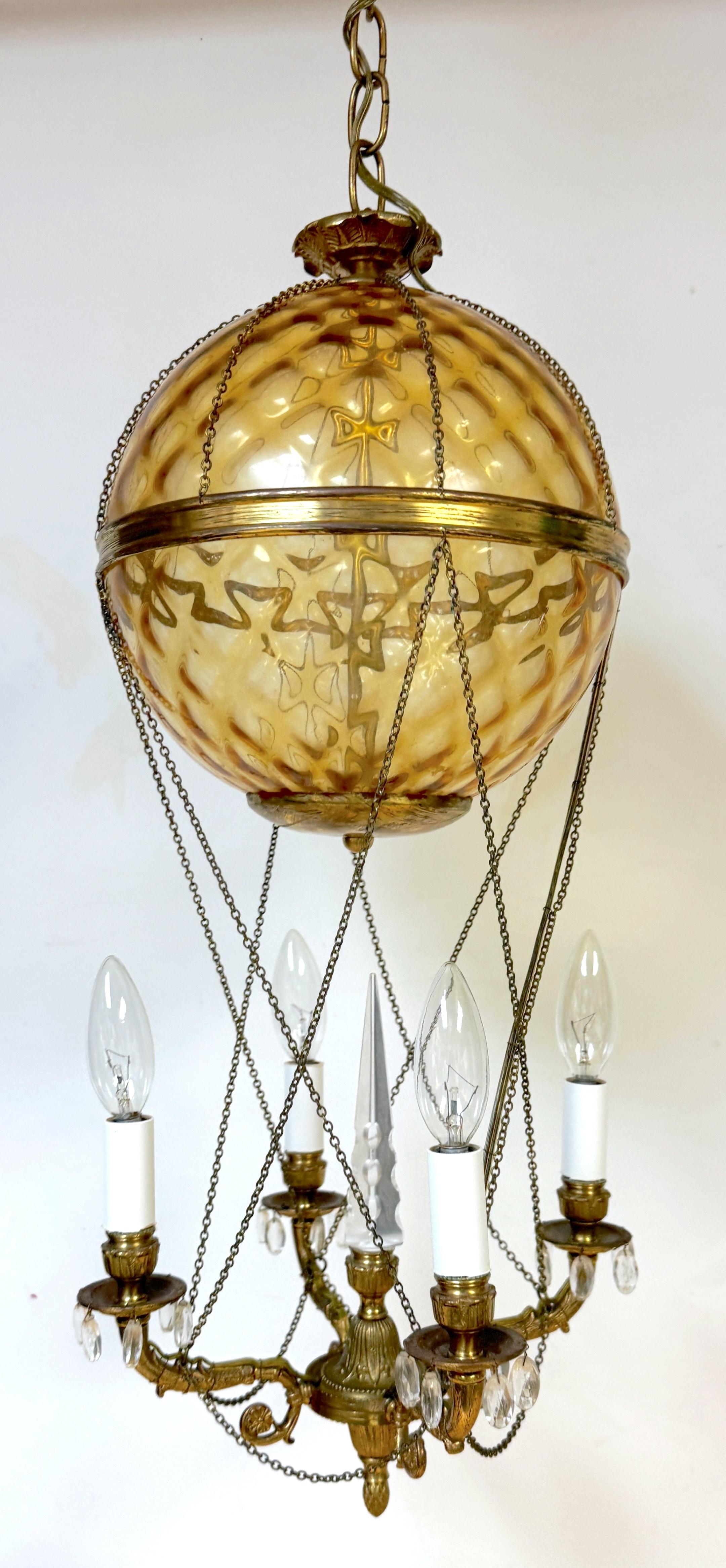 Brass French Citrine Crystal Balloon Four Light Chandelier, Style of Maison Baguès For Sale