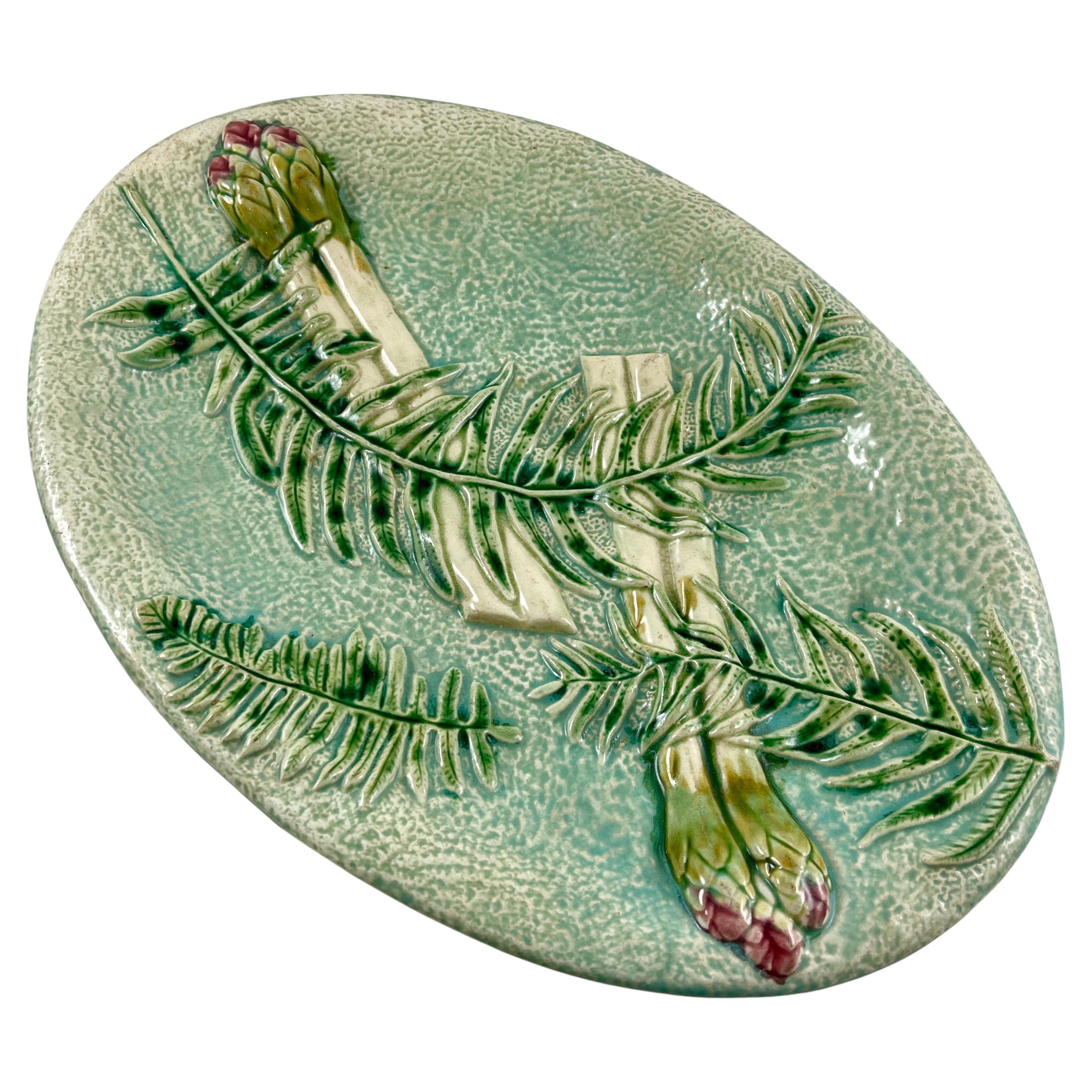 French Majolica Asparagus Dish with Leaf Shaped Under Plate at 1stDibs