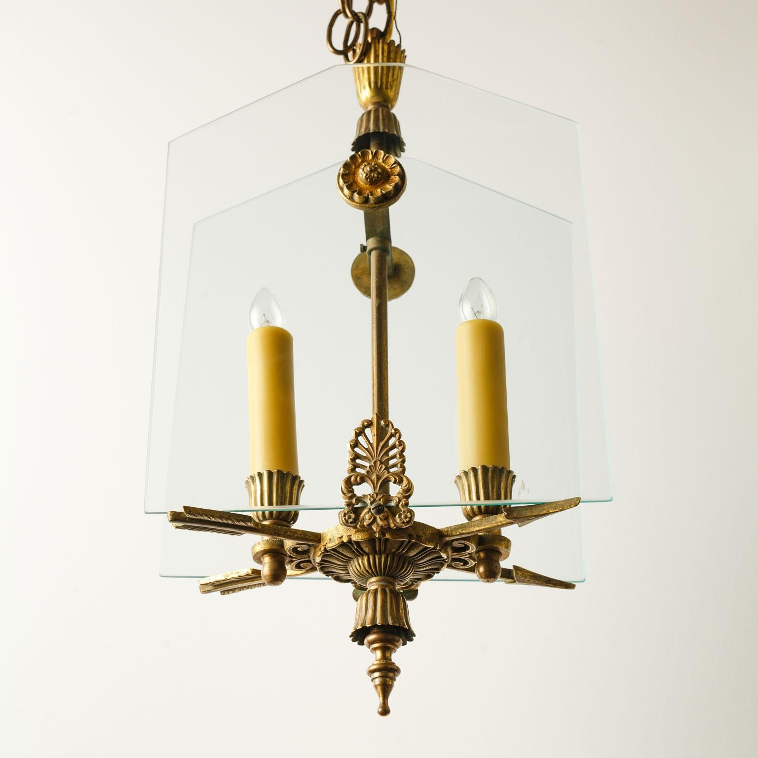 French Empire Style Brass and Glass Pendant In Good Condition For Sale In Houston, TX