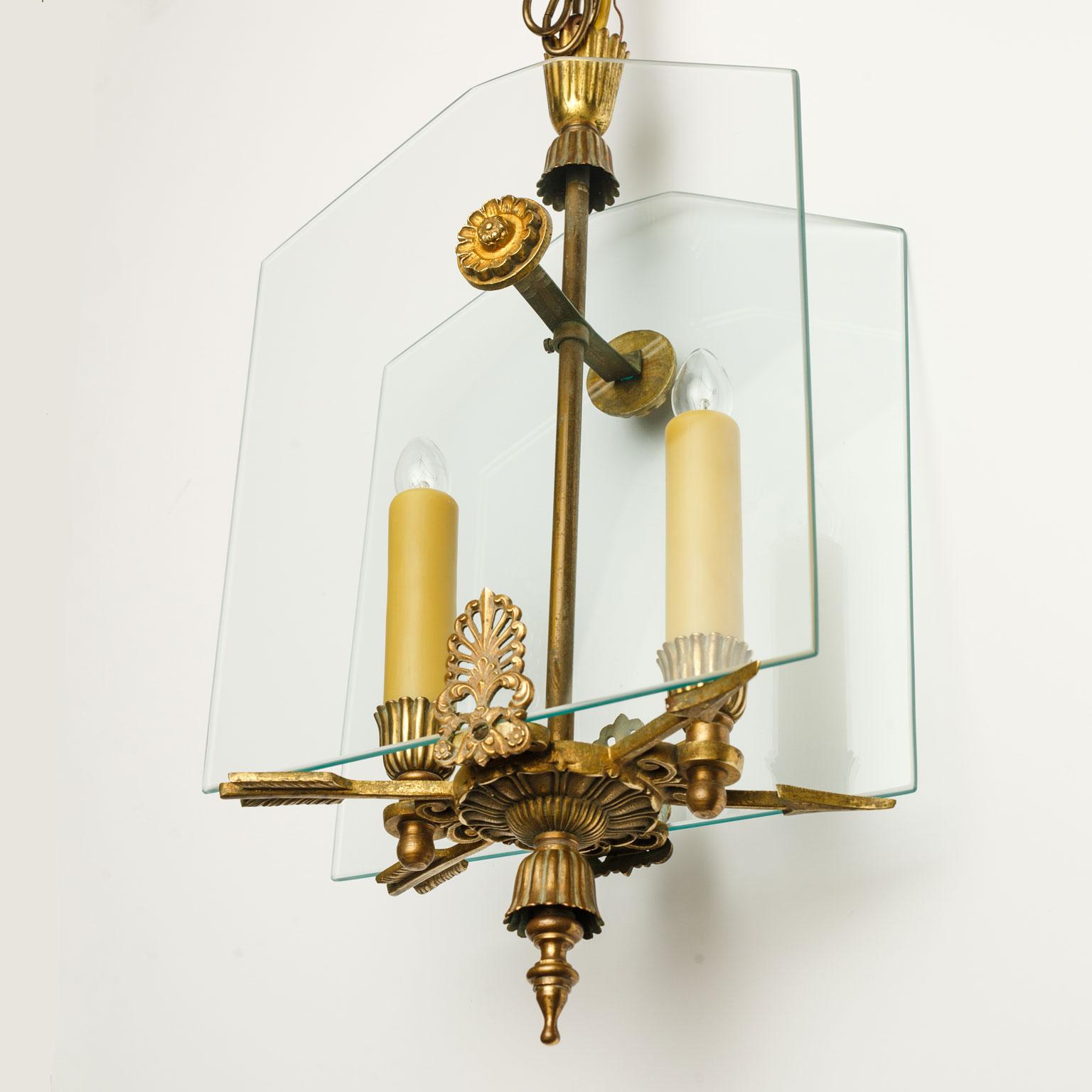 Mid-20th Century French Empire Style Brass and Glass Pendant For Sale