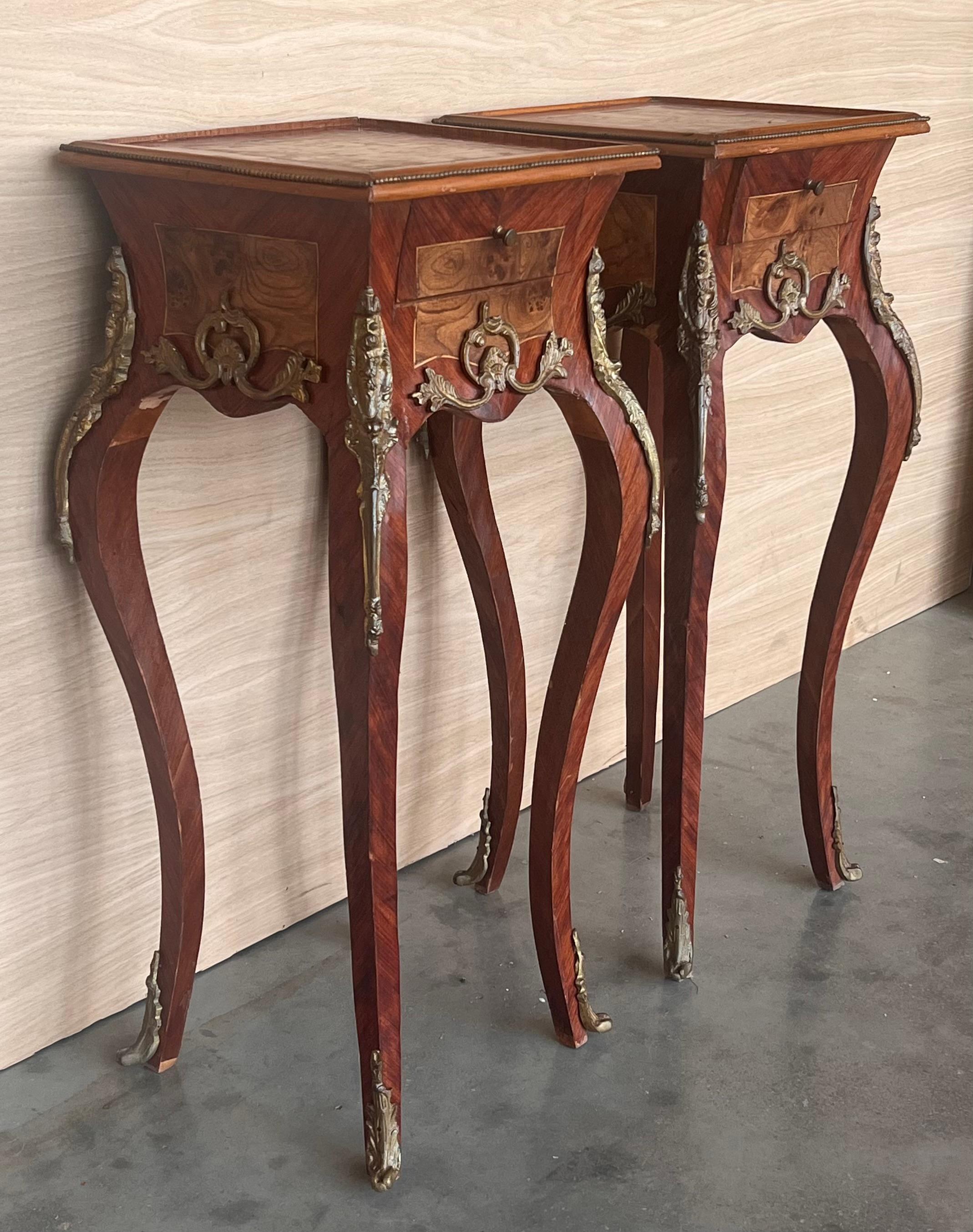 Bronze French Classic Louis XV Style Marquetry Nightstands with Drawer, 1910 For Sale