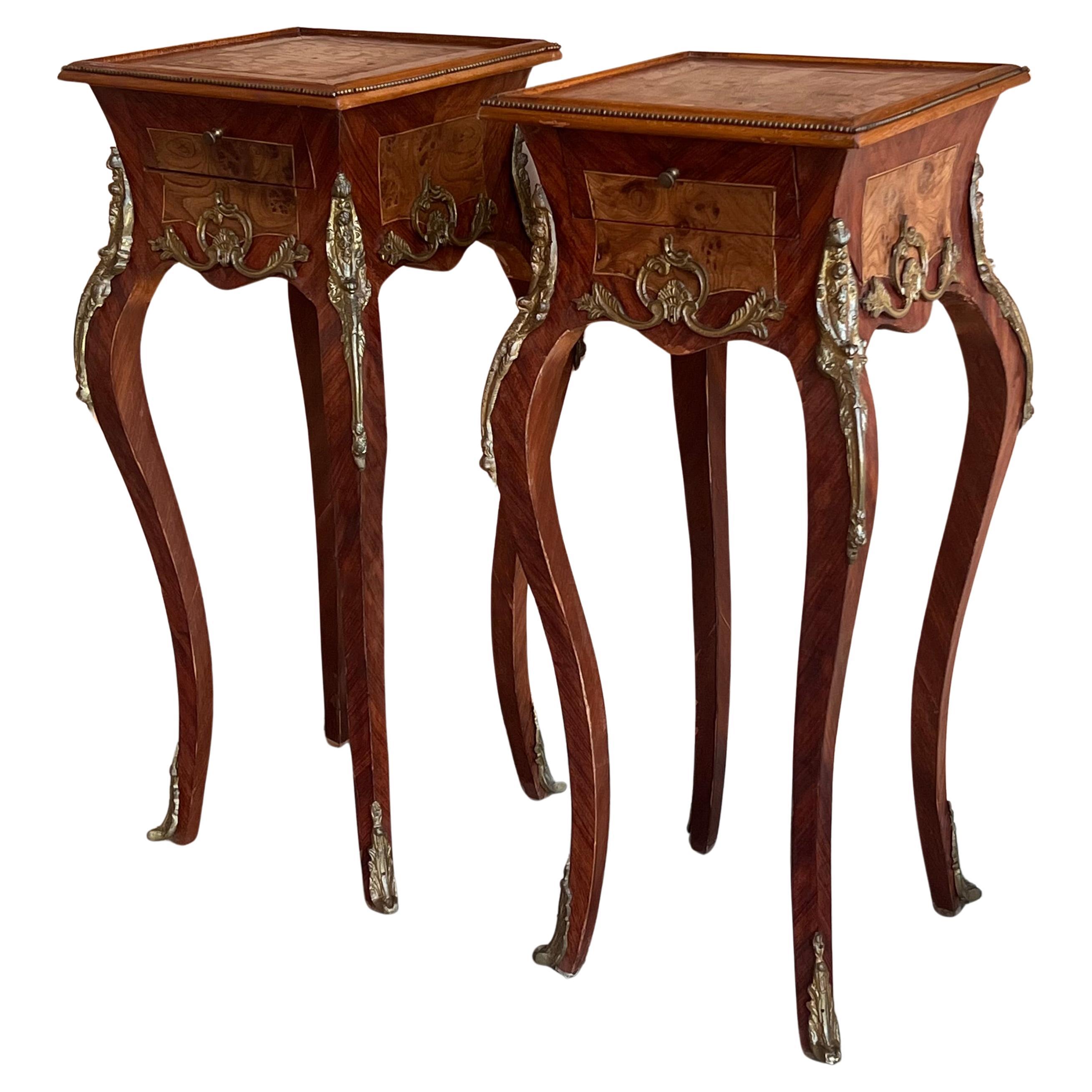 French Classic Louis XV Style Marquetry Nightstands with Drawer, 1910