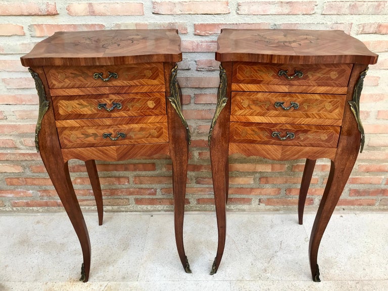 French Classic Louis Vx Style Marquetry Nightstands with Three Drawers