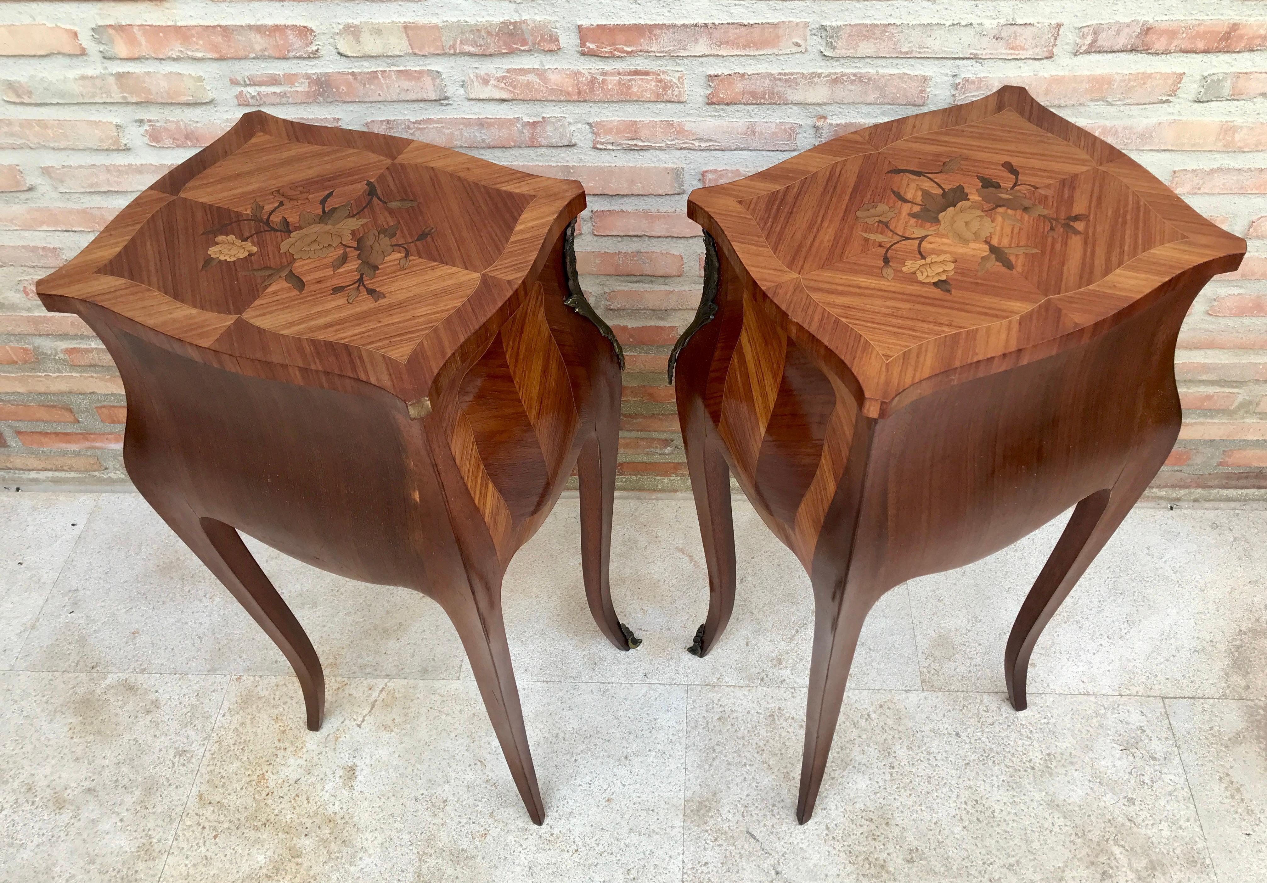 French Provincial French Classic Louis Vx Style Marquetry Nightstands with Three Drawers, 1920s, S For Sale