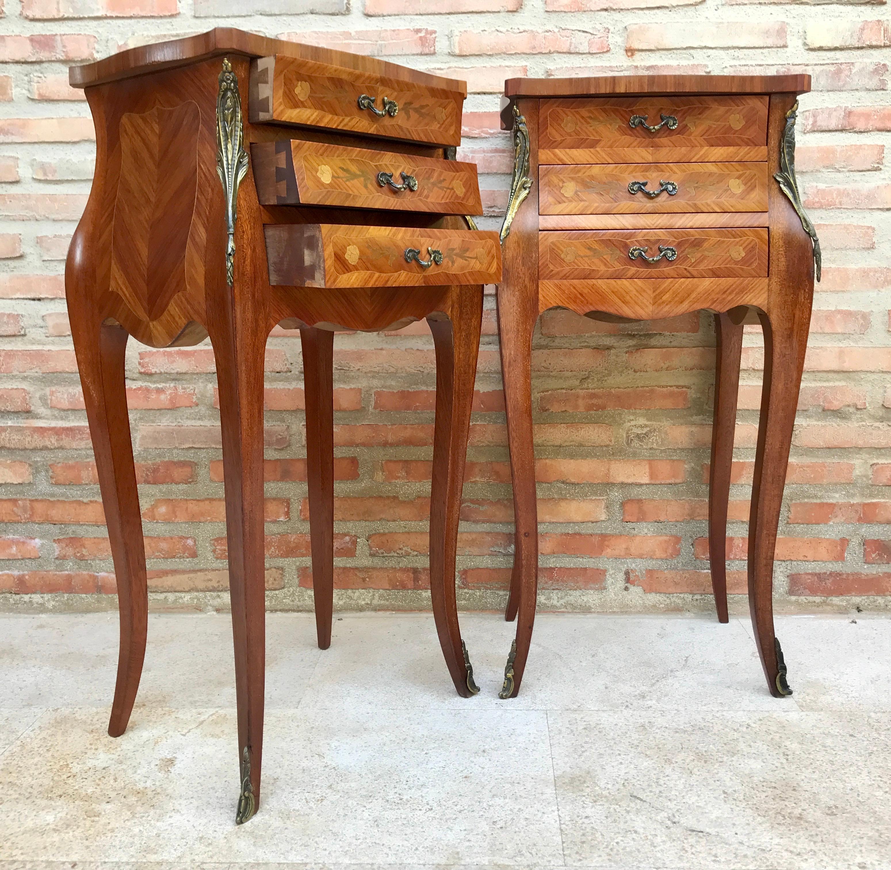 French Classic Louis Vx Style Marquetry Nightstands with Three Drawers, 1920s, S In Good Condition For Sale In Miami, FL