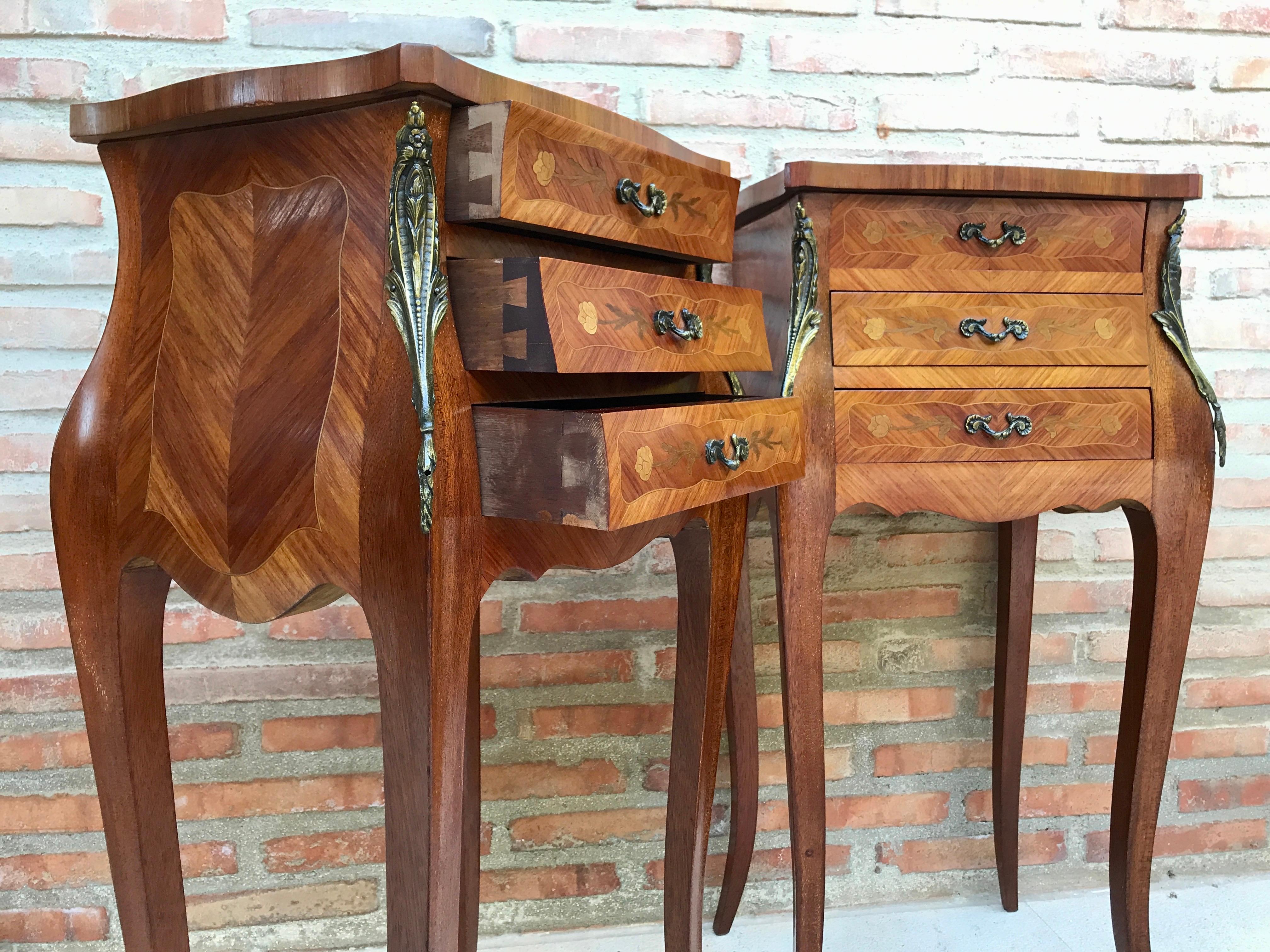 Walnut French Classic Louis Vx Style Marquetry Nightstands with Three Drawers, 1920s, S For Sale