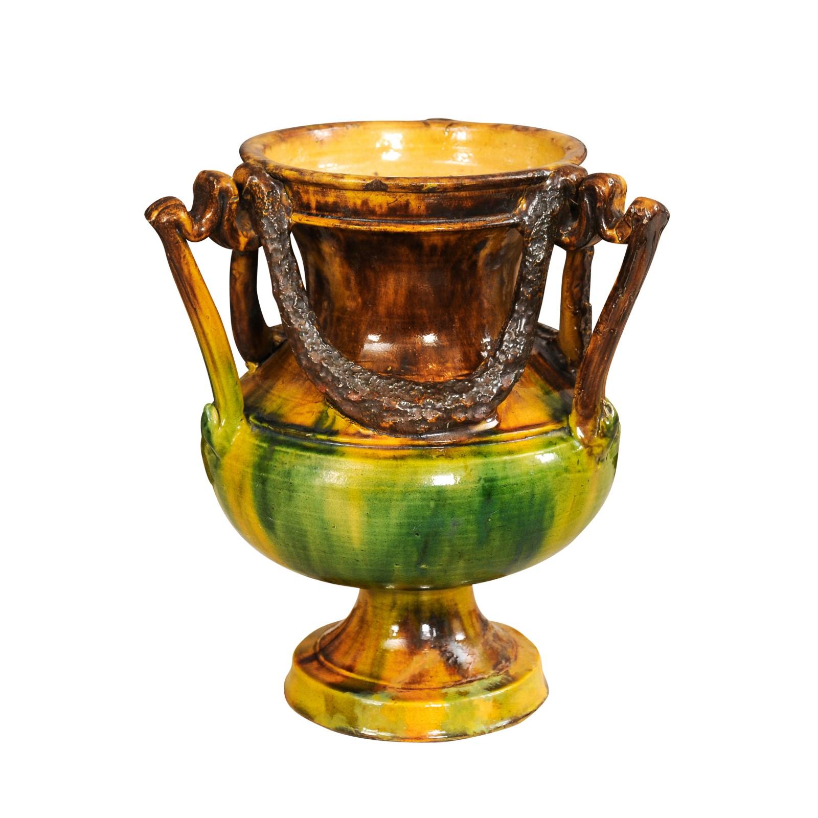 French Classical 19th Century Anduze Multi-Colored Glazed Vase with Swag Motifs For Sale 4