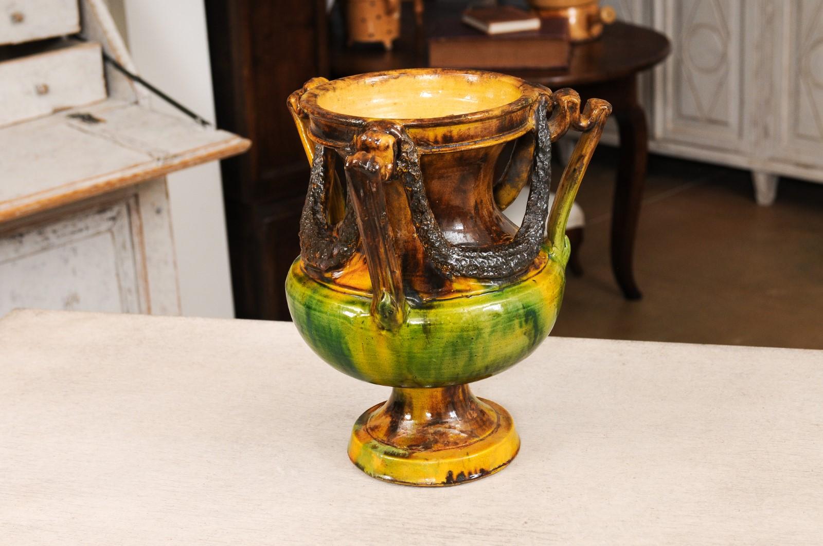 French Classical 19th Century Anduze Multi-Colored Glazed Vase with Swag Motifs For Sale 5