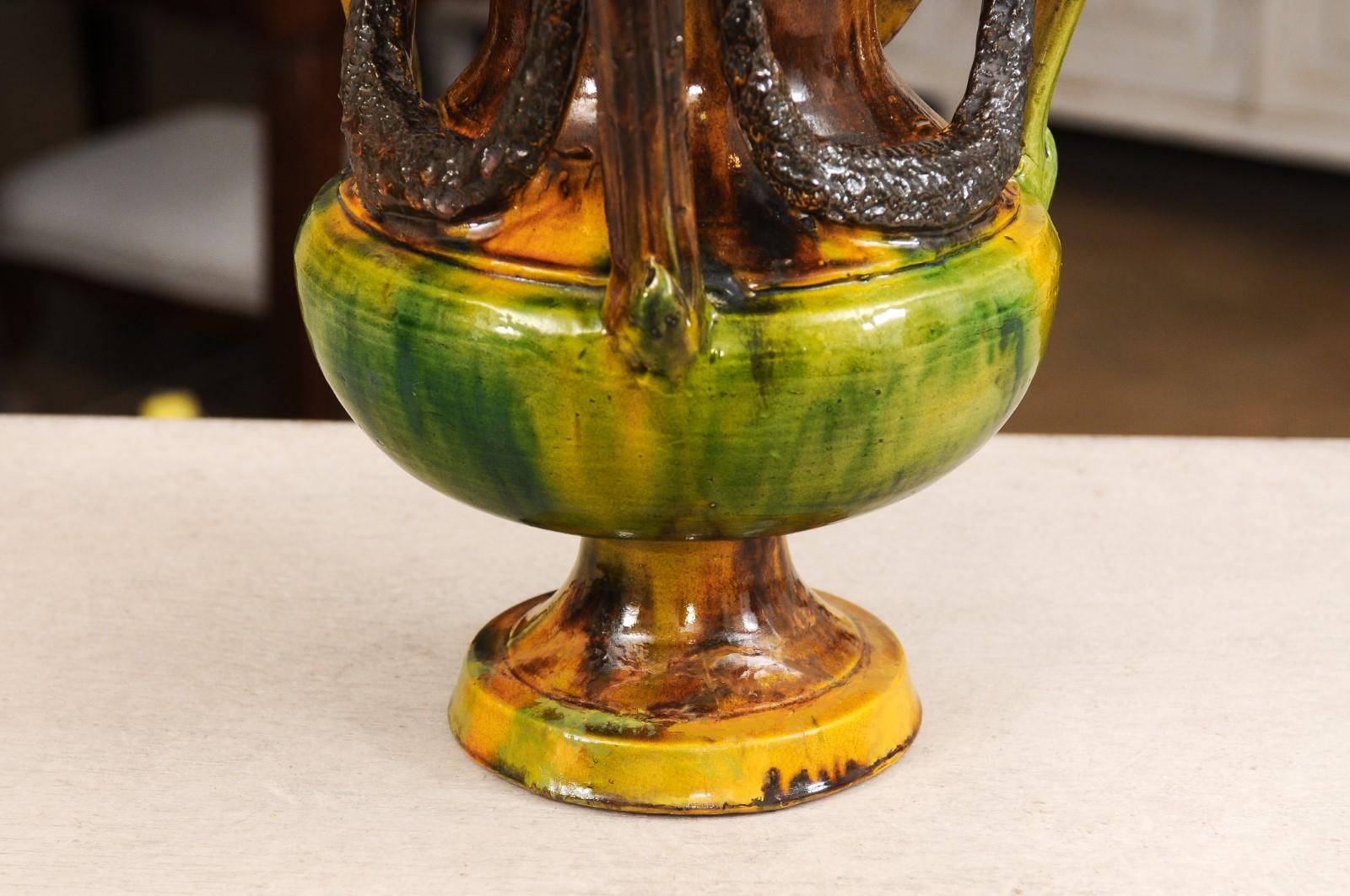 French Classical 19th Century Anduze Multi-Colored Glazed Vase with Swag Motifs For Sale 7
