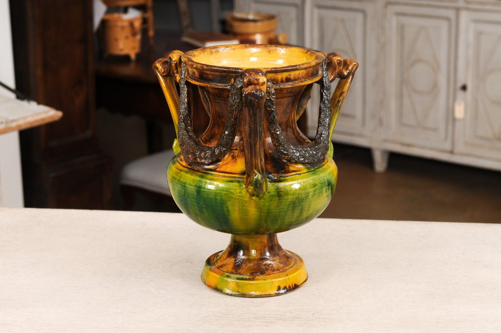 French Classical 19th Century Anduze Multi-Colored Glazed Vase with Swag Motifs For Sale 8