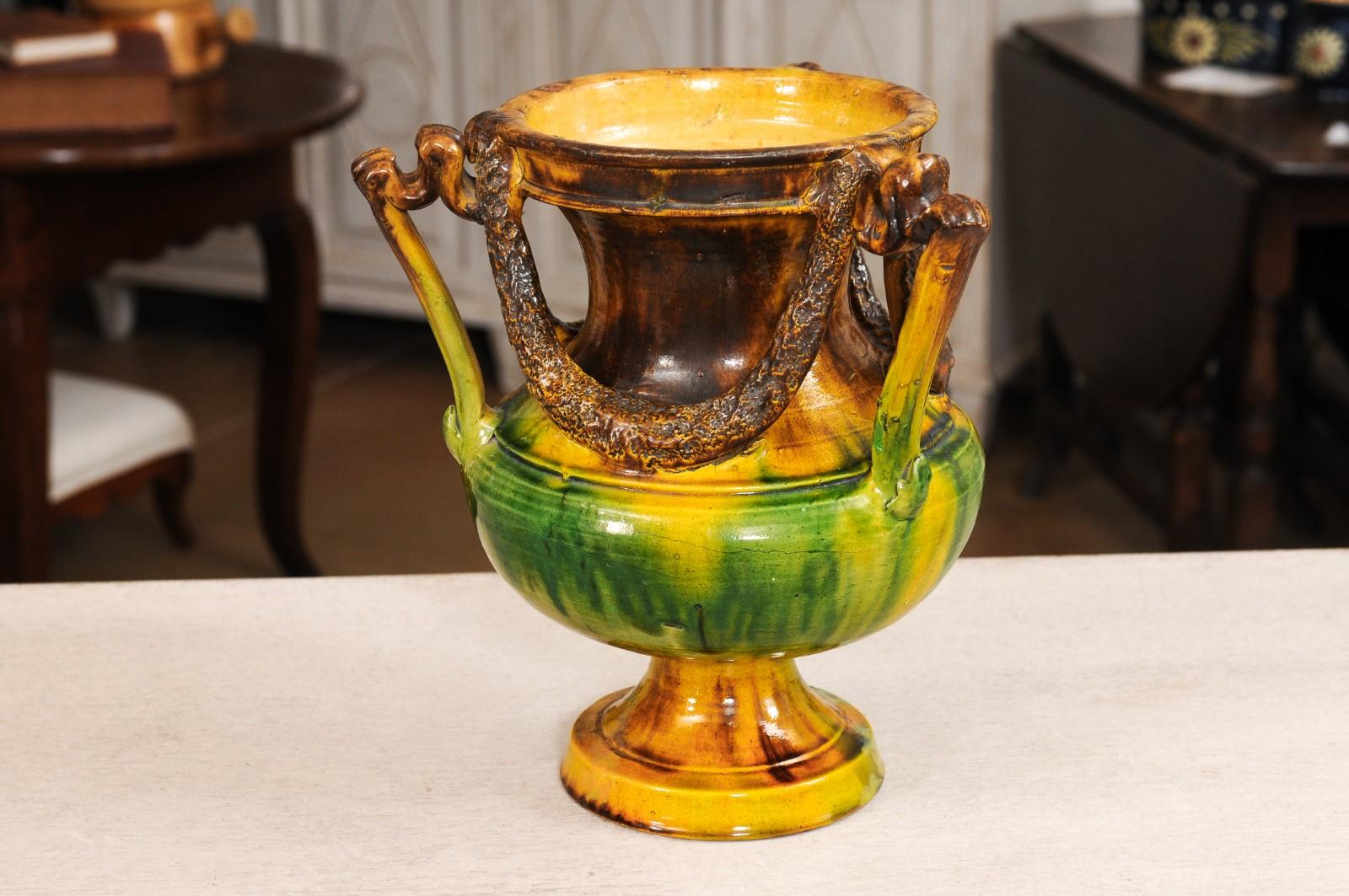 French Classical 19th Century Anduze Multi-Colored Glazed Vase with Swag Motifs For Sale 9