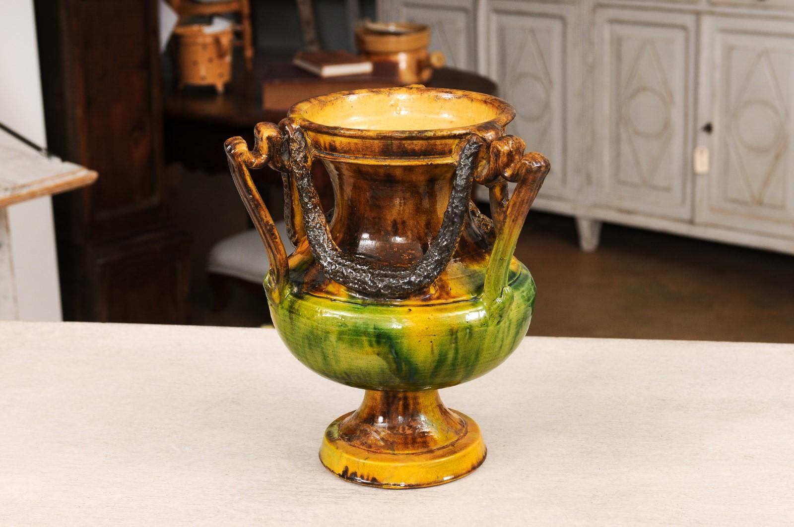 French Provincial French Classical 19th Century Anduze Multi-Colored Glazed Vase with Swag Motifs For Sale