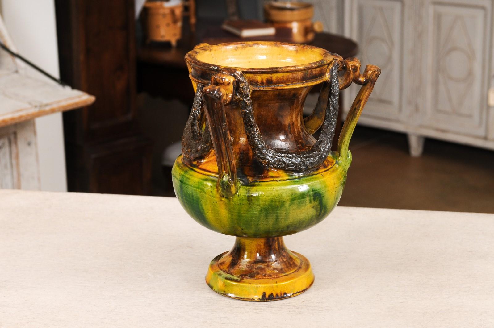 French Classical 19th Century Anduze Multi-Colored Glazed Vase with Swag Motifs In Good Condition For Sale In Atlanta, GA