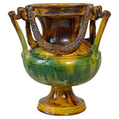 French Classical 19th Century Anduze Multi-Colored Glazed Vase with Swag Motifs
