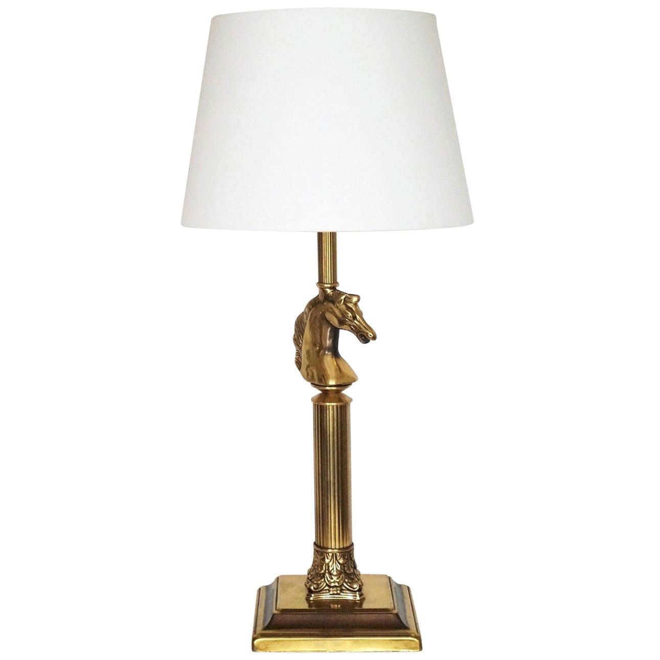 French Classical Brass Column Horse Head Table Lamp or Desk Lamp