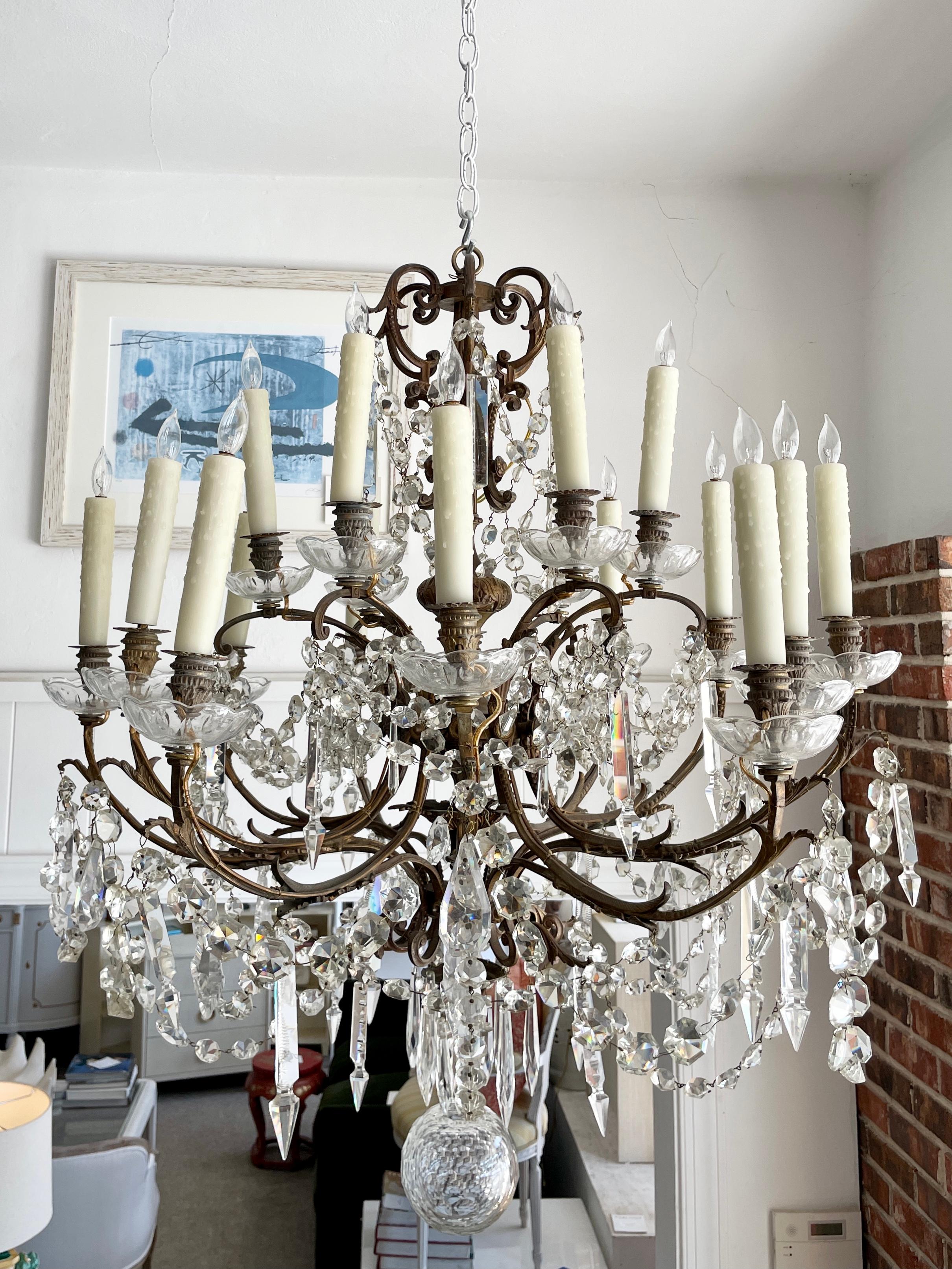 20th Century French Classical Bronze and Crystal Chandelier