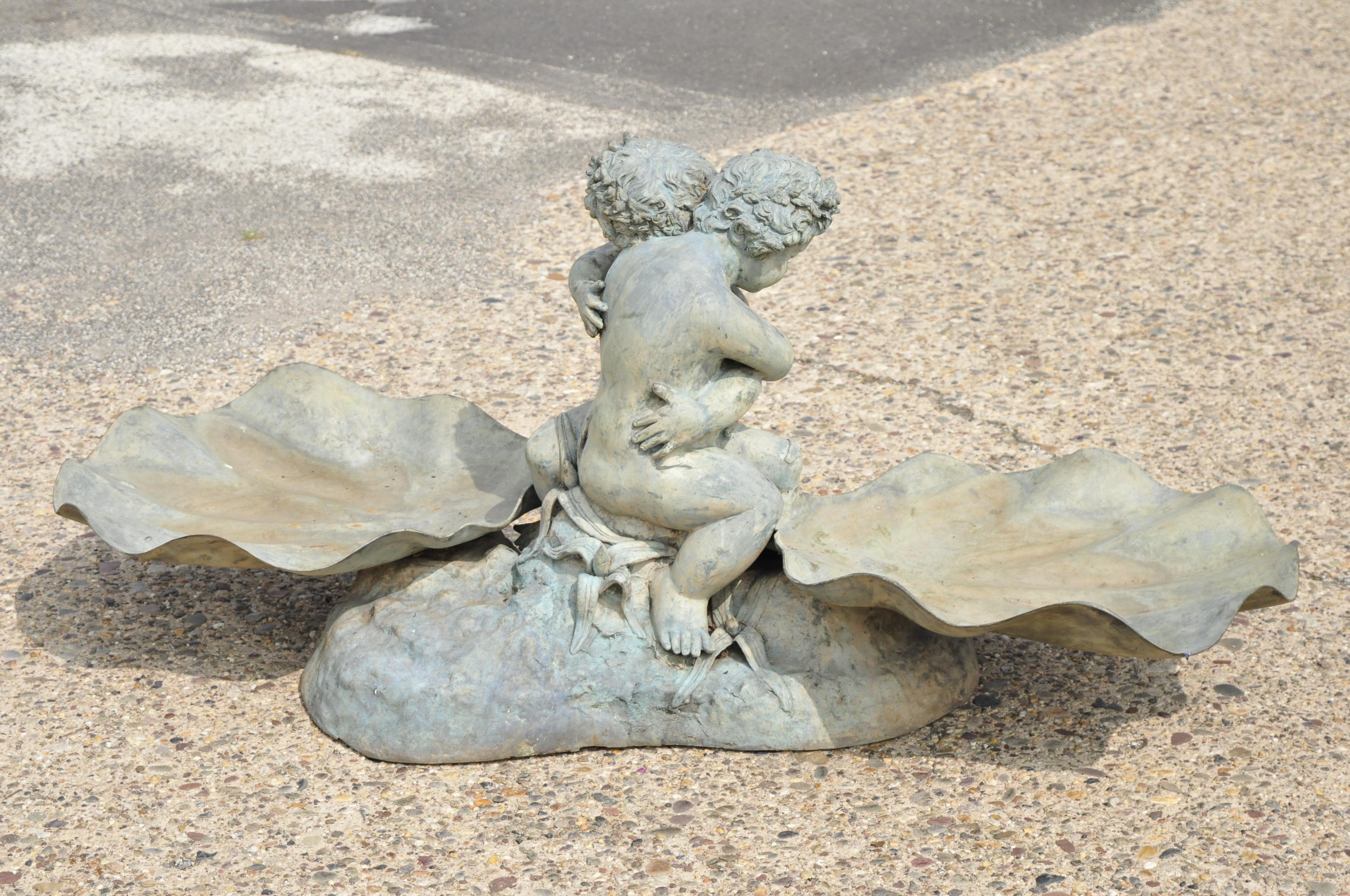 French Classical Cast Bronze Large Garden Water Fountain with Embraced Cherubs For Sale 5