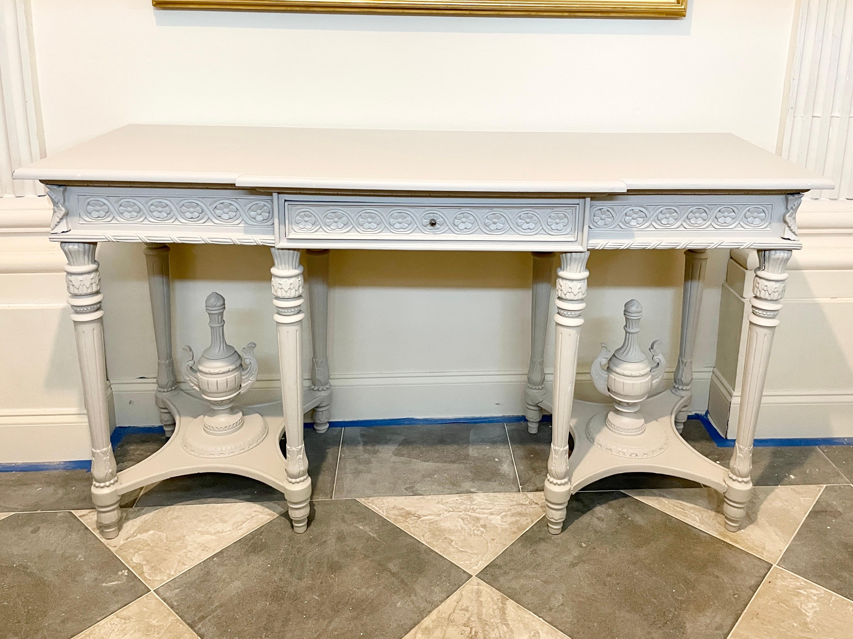 French Provincial French Classical Console in Gray Painted Finish with Drawer