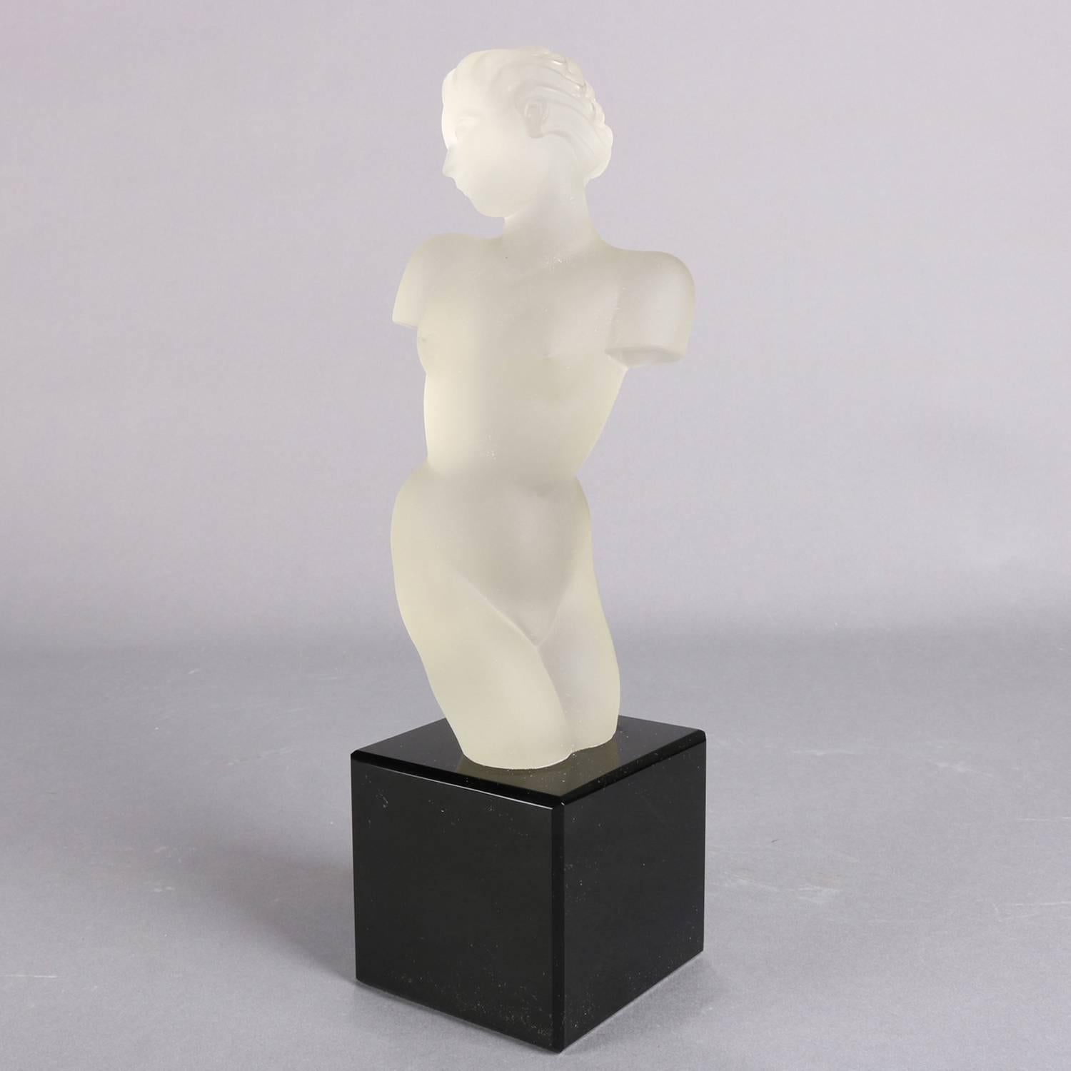 French Classical frosted crystal sculpture attributed to Rene Lalique depicts 3/4 torso portrait of nude woman and mounted on ebony base, 20th century

Measures: 11