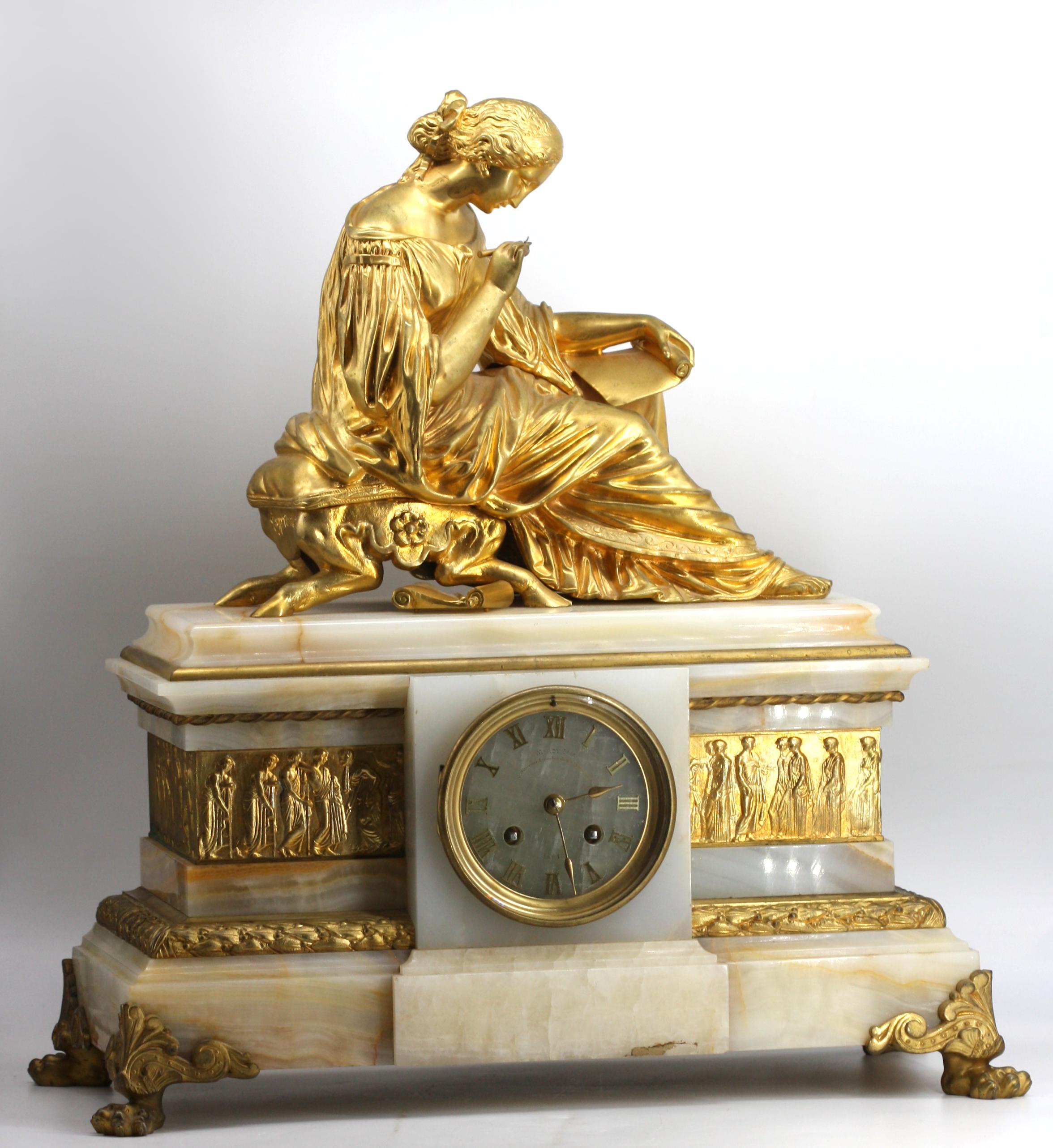  Französische klassische Kaminuhr aus vergoldeter Bronze und Onyx, Klassisch im Angebot 2