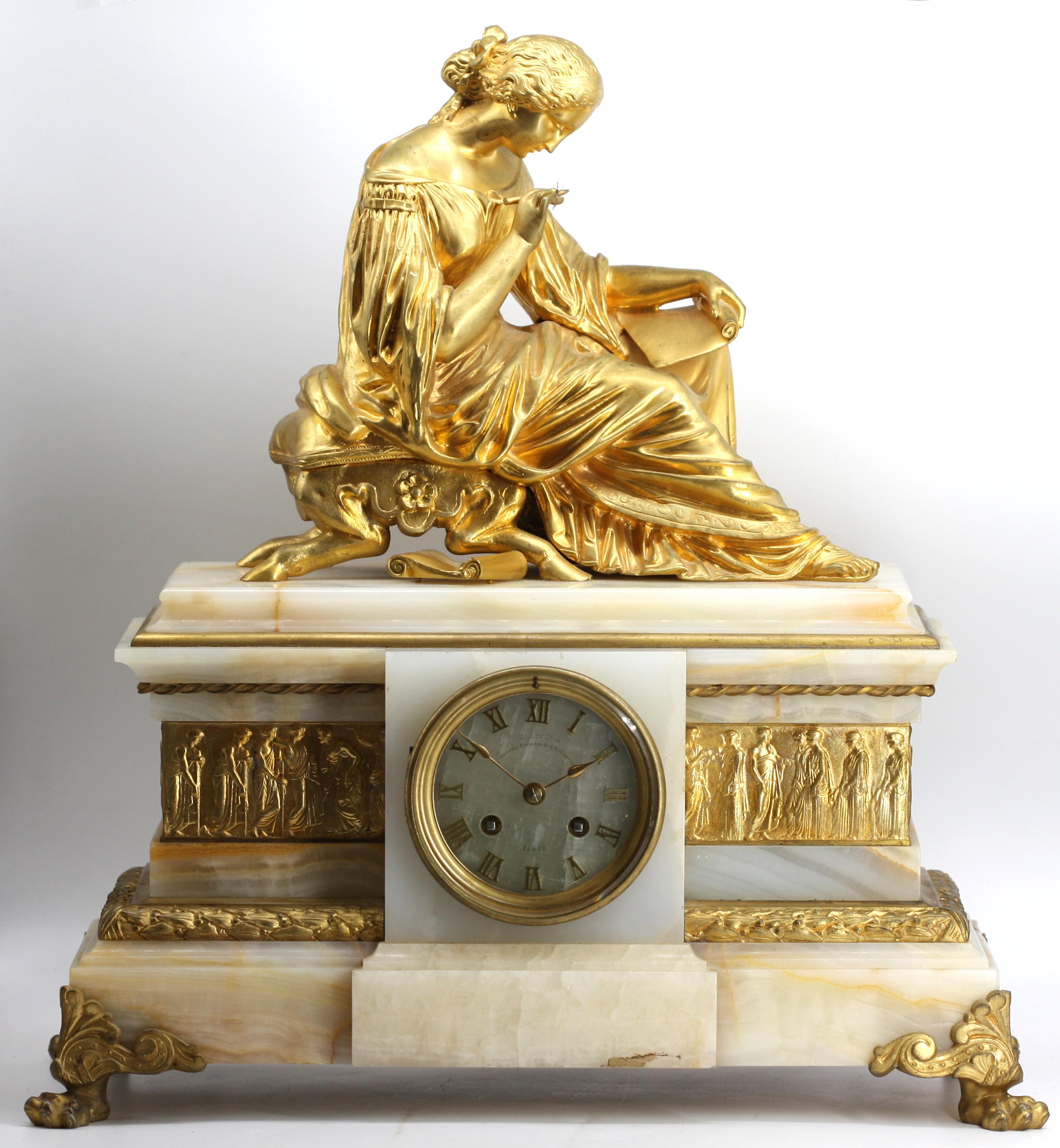  Französische klassische Kaminuhr aus vergoldeter Bronze und Onyx, Klassisch im Angebot 4