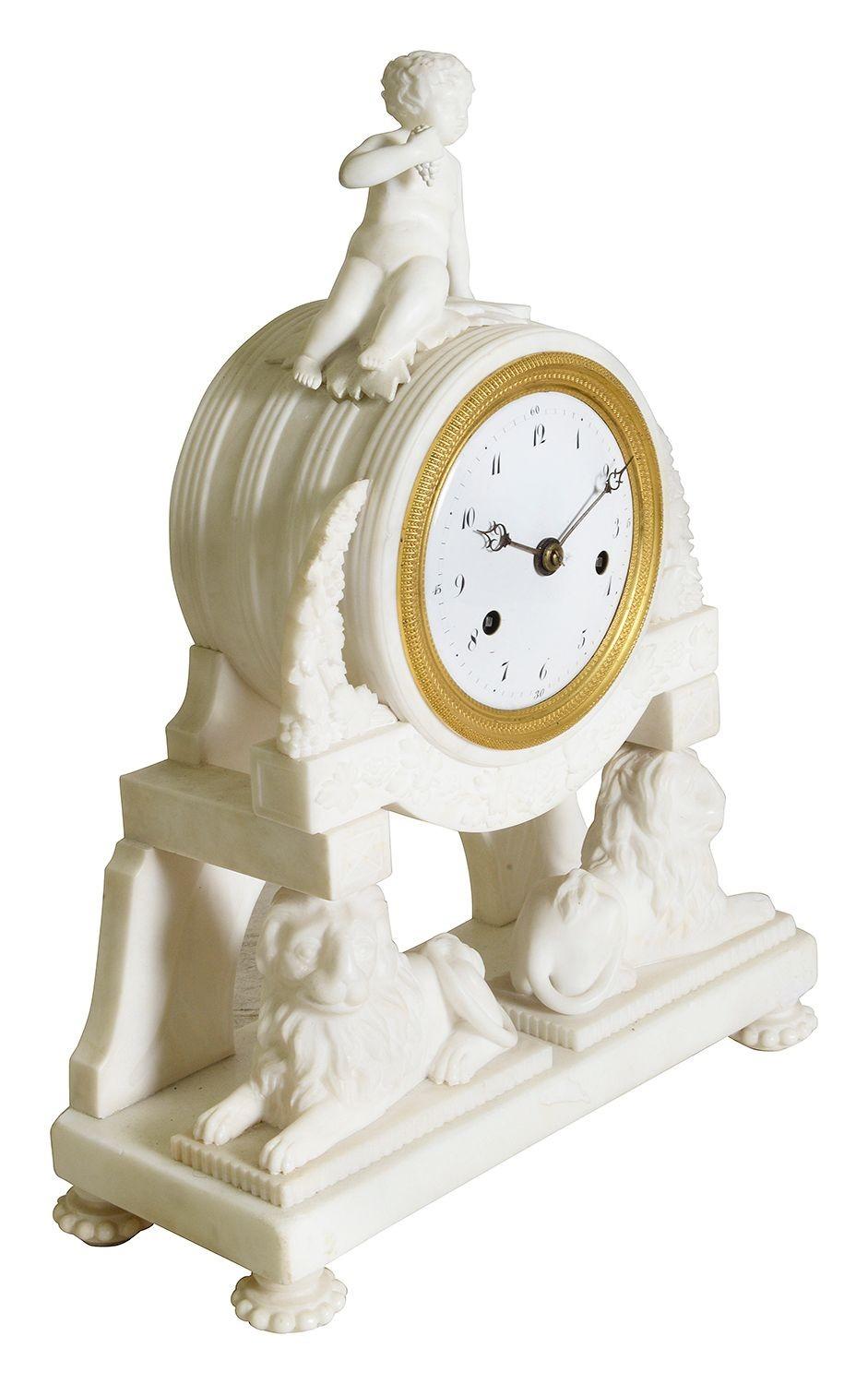 Hand-Carved French classical Marble mantle clock, C19th For Sale