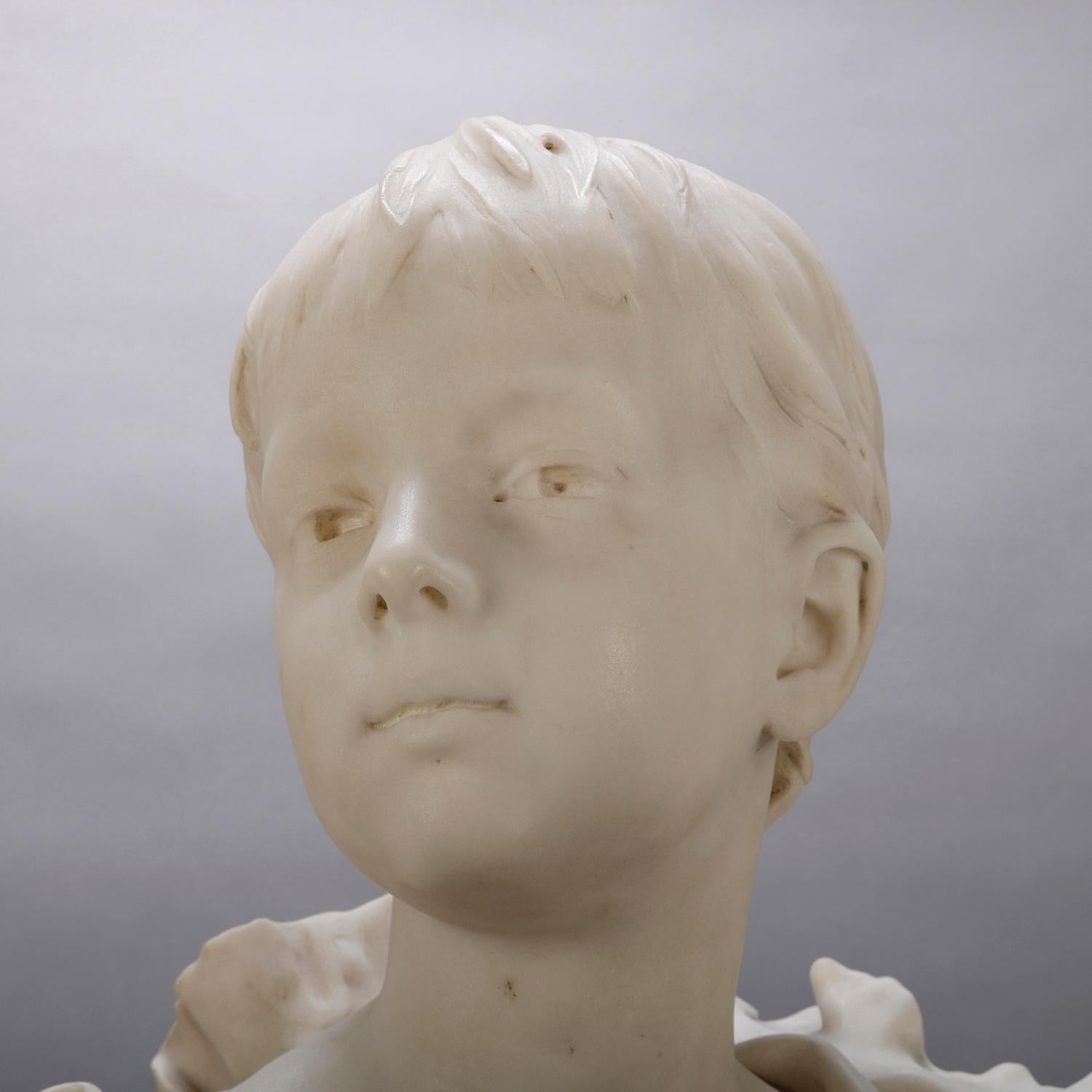 Hand-Carved French Classical Marble Sculpture of Boy Signed Alphonse Henri Nelson circa 1880