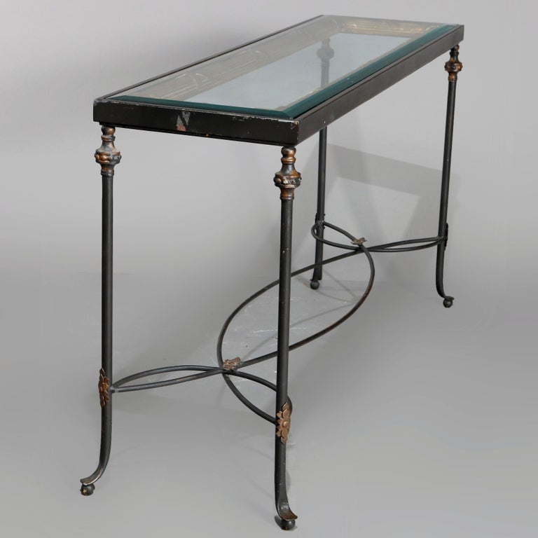 French Classical Parcel Gilt Wrought Iron Glass Top Sofa Table, 20th