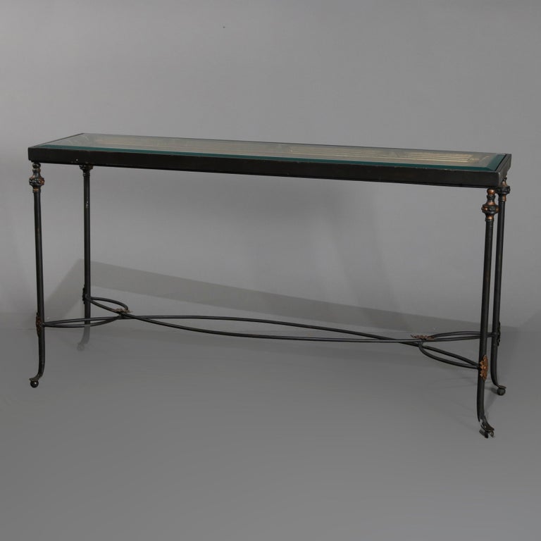 French Classical Parcel Gilt Wrought Iron Glass Top Sofa Table, 20th