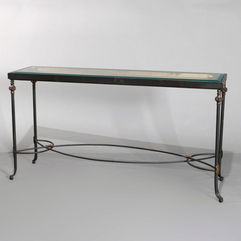 French Classical Parcel Gilt Wrought Iron Glass Top Sofa Table, 20th