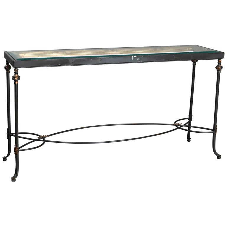French Classical Parcel Gilt Wrought Iron Glass Top Sofa Table, 20th