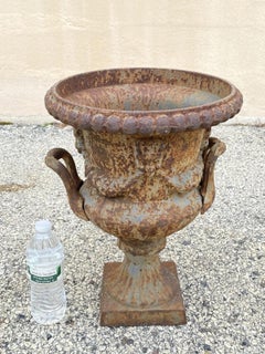 French Classical Style Cast Iron Urn Form 17" Garden Yard Planter Pot w/ Faces
