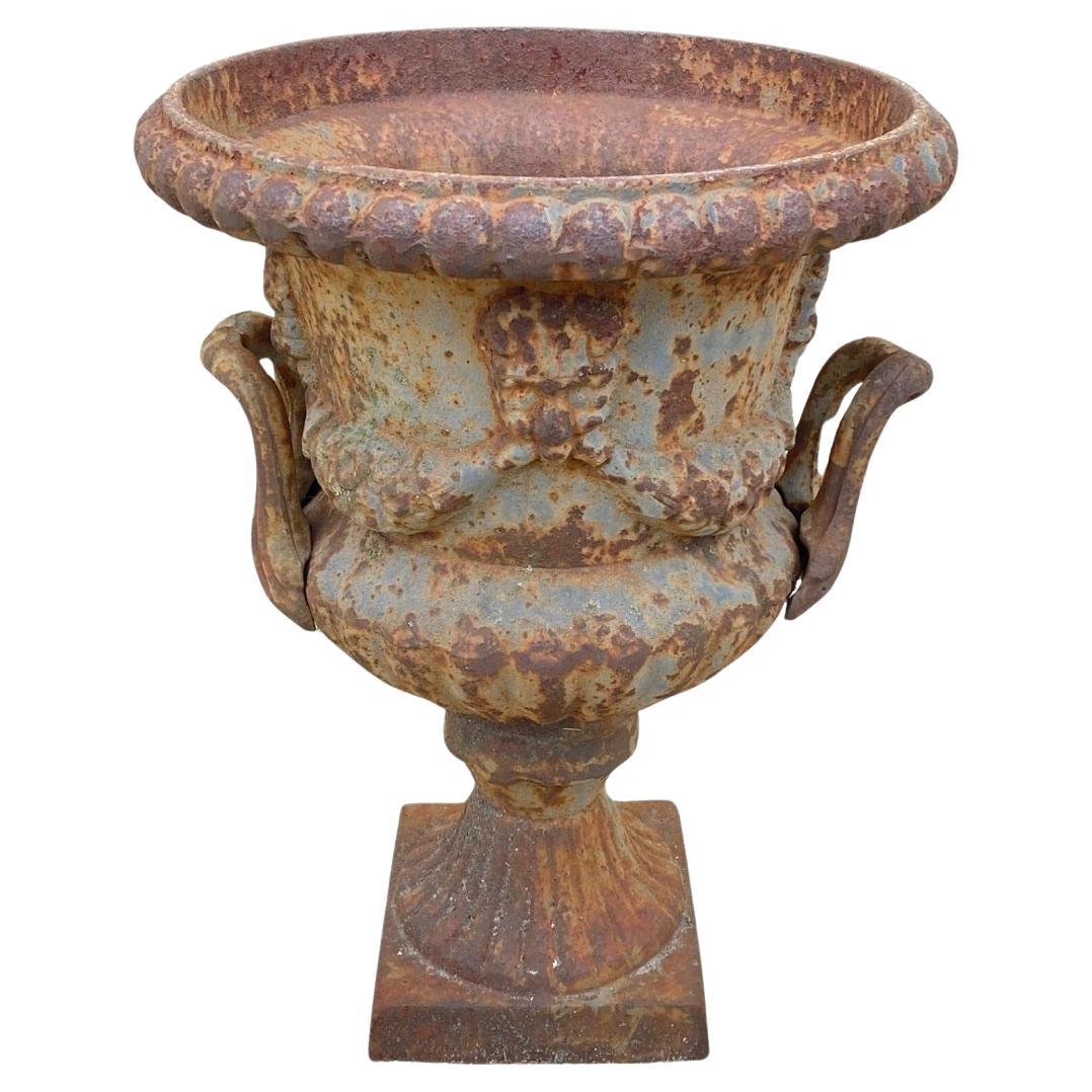 French Classical Style Cast Iron Urn Form 17" Garden Yard Planter Pot w/ Faces