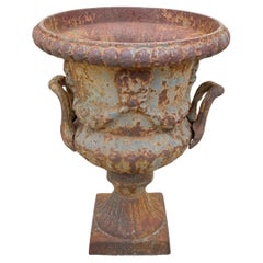 French Classical Style Cast Iron Urn Form 17" Garden Yard Planter Pot w/ Faces