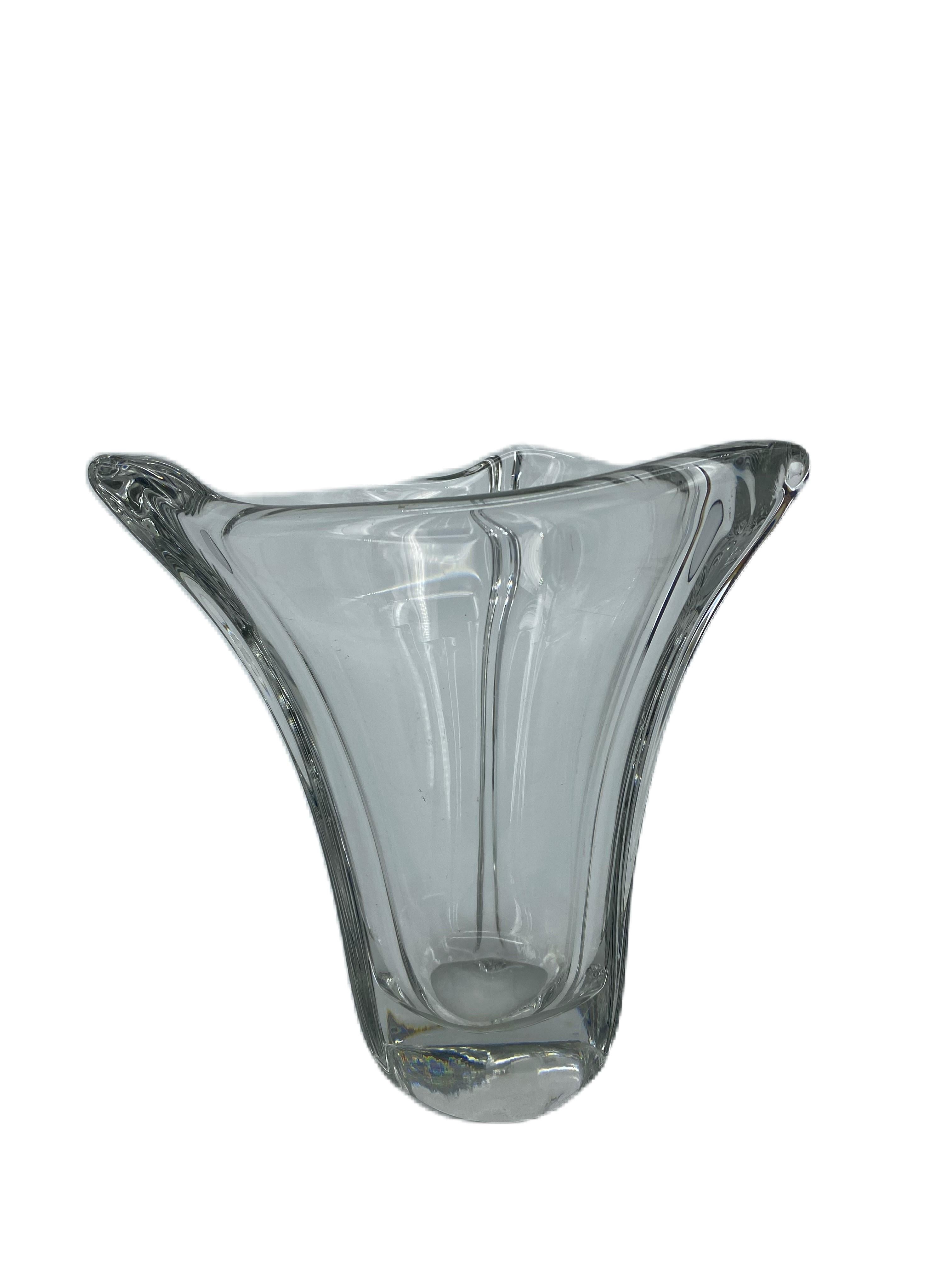 French Clear Crystal Vase Etched Signed Daum Nancy- France 50s

Signed on the base by the prestigious French company Daum. This brand comes from an old factory that Jean Daum (1825 – 1885), an expat from Alsace since 1870, had bought in Nancy in