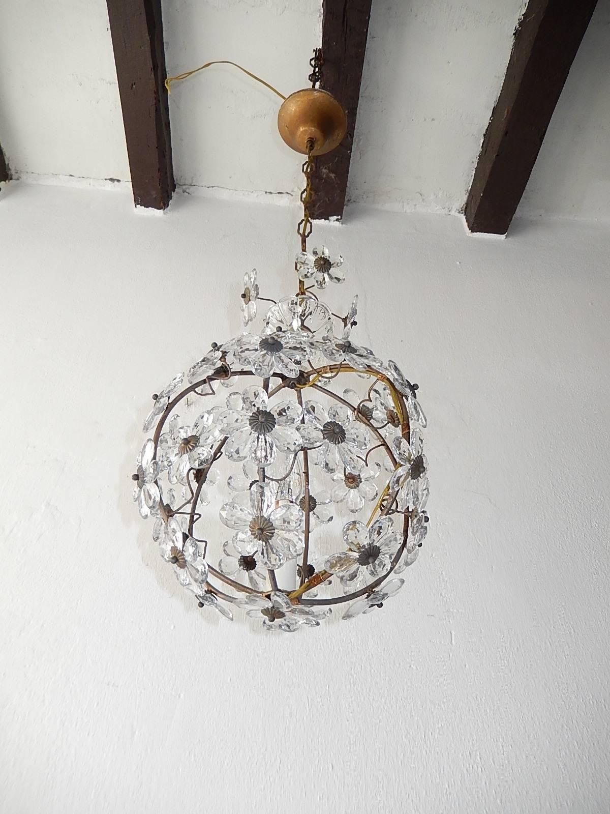 French Clear Flower Ball Crystal Prisms Maison Baguès Style Chandelier 2