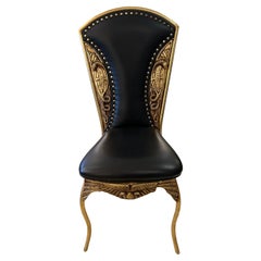French Cleopatra Embossed Gilt Metal & Black Leather Side Chair