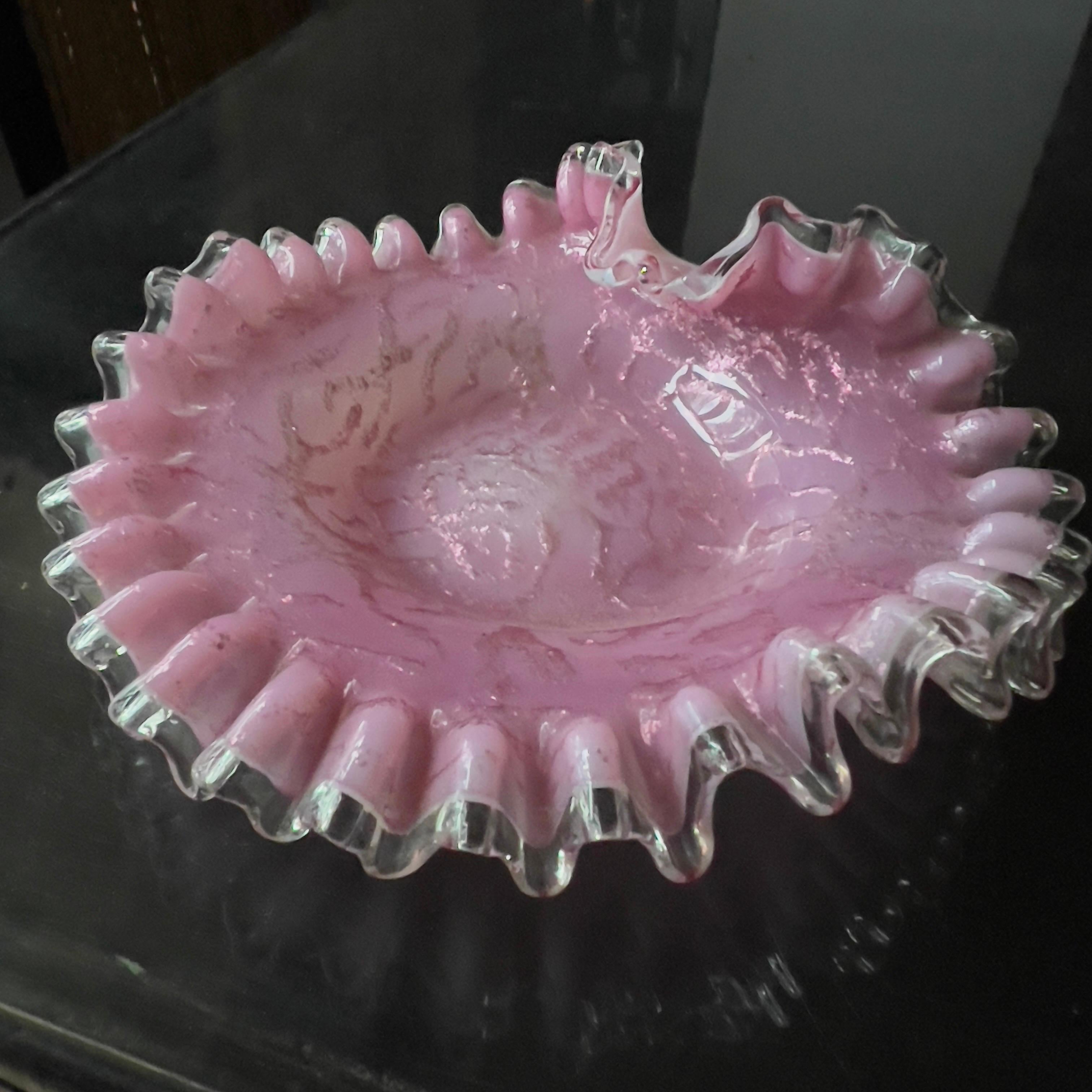 A spectacular French Pink  Clichy glass tray or bowl, probably a  ring holder from the late 19th century. French Art Nouveau .

Very attractive pink color with metal hilights inside the glass