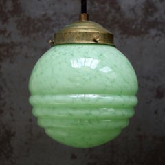 French Clichy Green Glass Pendant Lamp, Brass Holder, Mid-20th Century