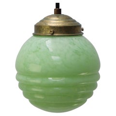 French Clichy Green Glass Pendant Lamp, Brass Holder, Mid-20th Century